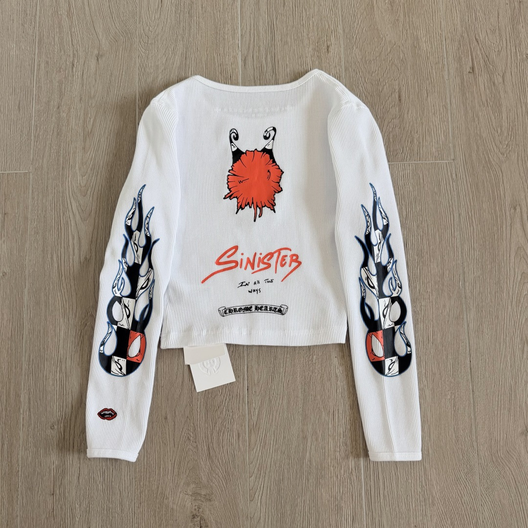 Chrome Hearts CH 克罗心 华夫格涂鸦圆领短款T恤 长袖 女款 黑色