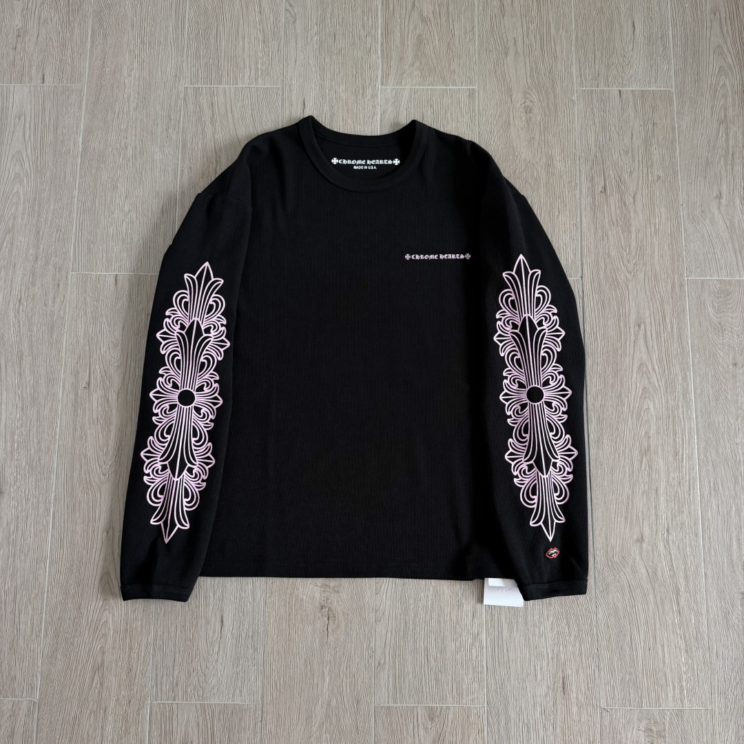 Chrome Hearts 克罗心 华夫格双臂粉色花臂印花圆领长袖T恤 打底衫 黑色