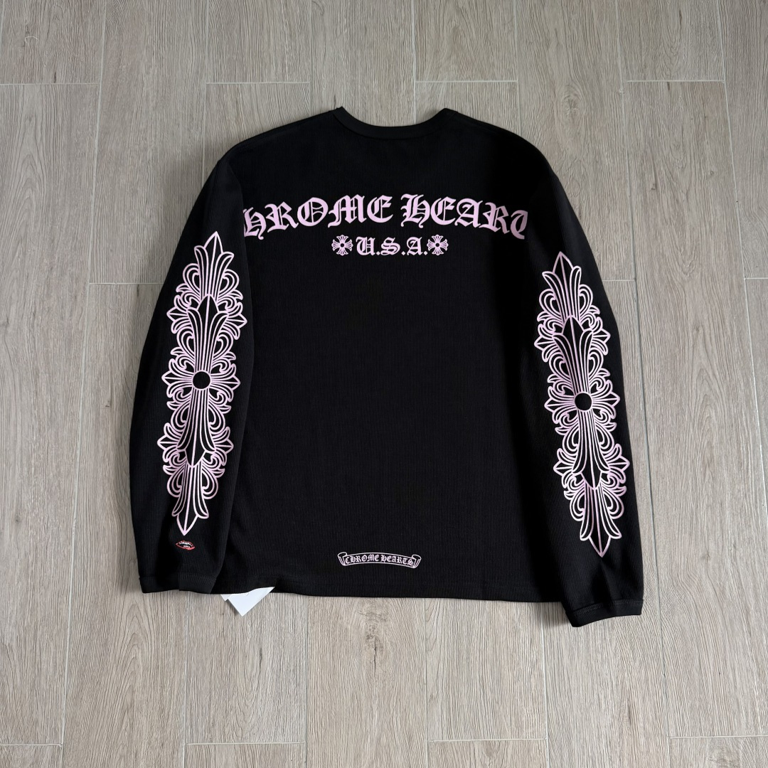 Chrome Hearts 克罗心 华夫格双臂粉色花臂印花圆领长袖T恤 打底衫 黑色
