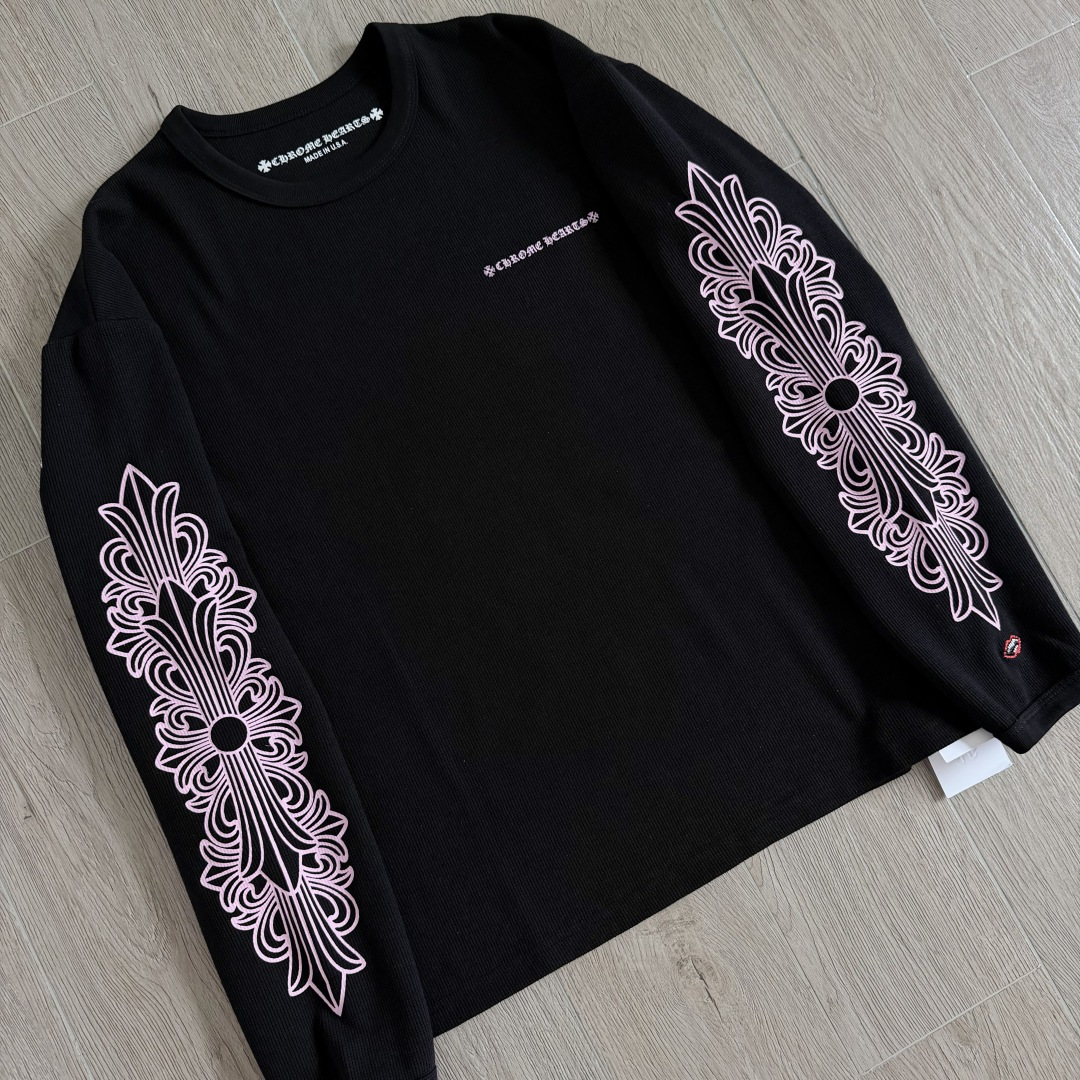 Chrome Hearts 克罗心 华夫格双臂粉色花臂印花圆领长袖T恤 打底衫 黑色
