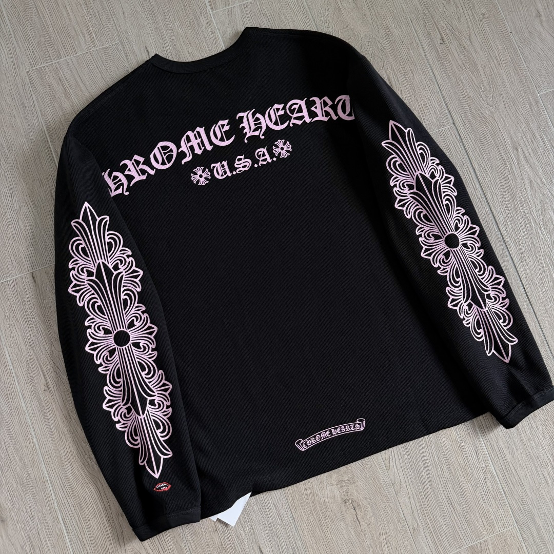 Chrome Hearts 克罗心 华夫格双臂粉色花臂印花圆领长袖T恤 打底衫 黑色