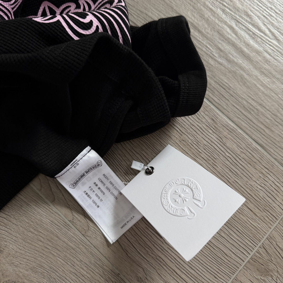 Chrome Hearts 克罗心 华夫格双臂粉色花臂印花圆领长袖T恤 打底衫 黑色