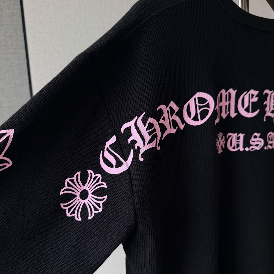 Chrome Hearts 克罗心 华夫格双臂粉色花臂印花圆领长袖T恤 打底衫 黑色