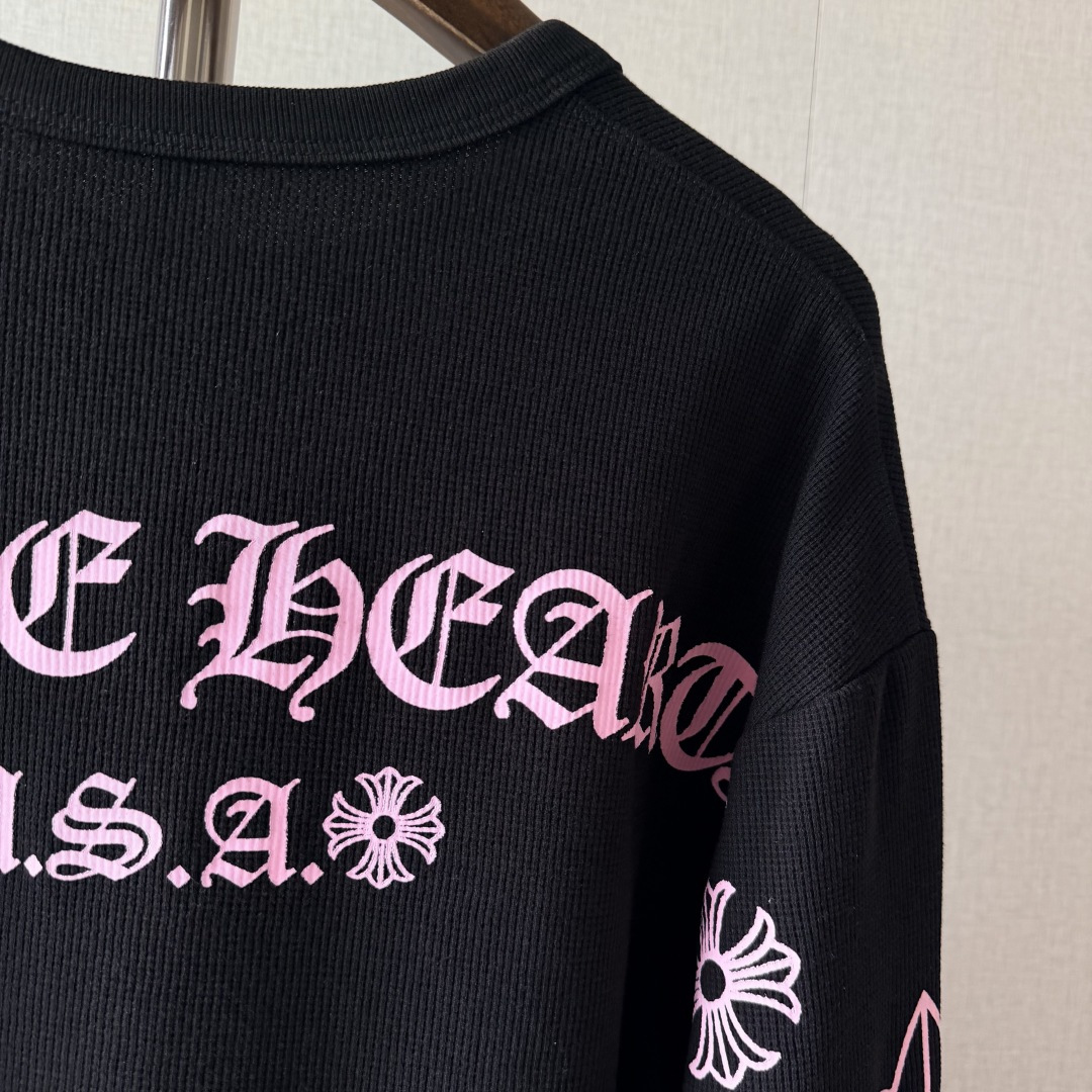 Chrome Hearts 克罗心 华夫格双臂粉色花臂印花圆领长袖T恤 打底衫 黑色