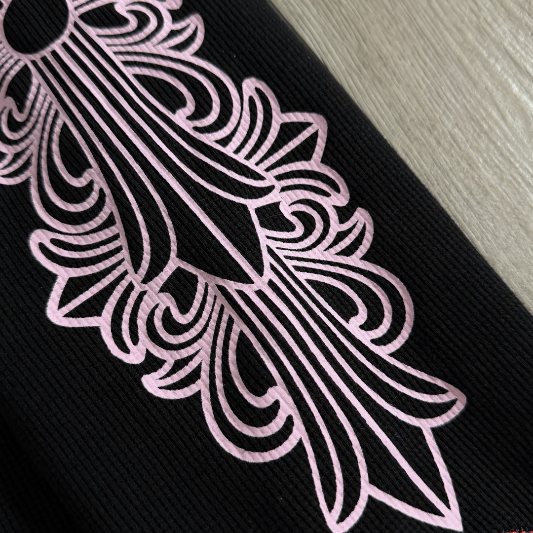 Chrome Hearts 克罗心 华夫格双臂粉色花臂印花圆领长袖T恤 打底衫 黑色