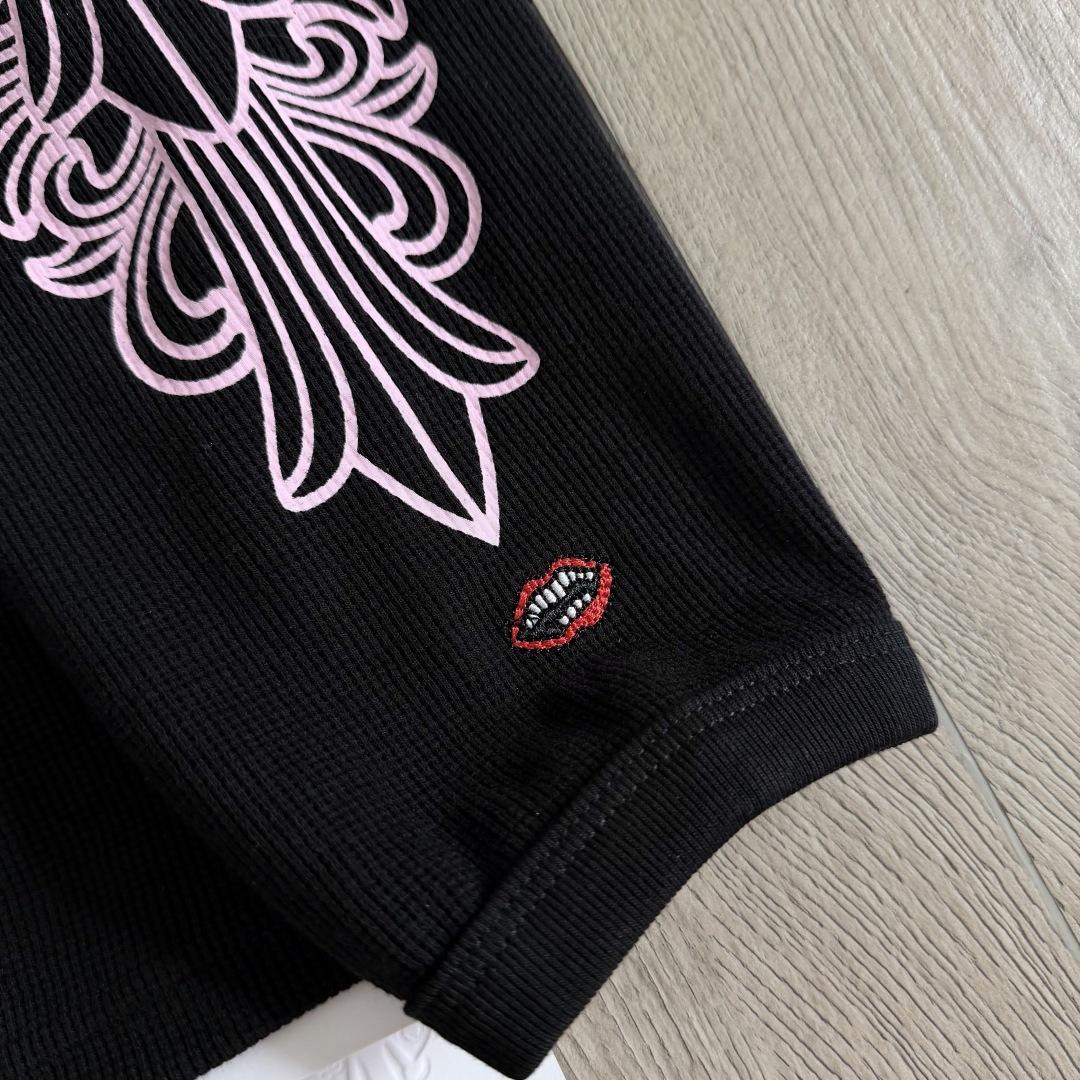 Chrome Hearts 克罗心 华夫格双臂粉色花臂印花圆领长袖T恤 打底衫 黑色