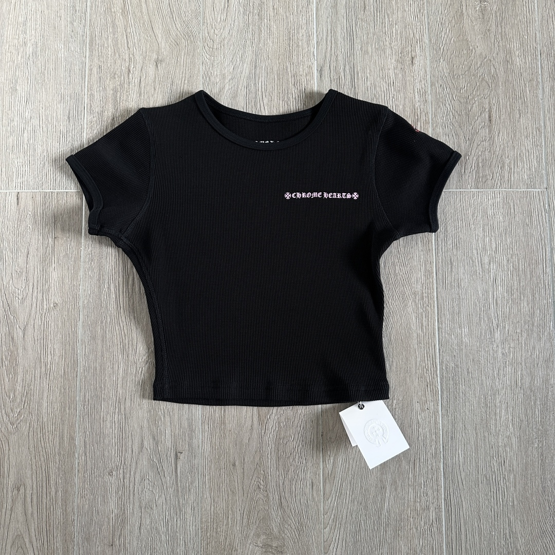 Chrome Hearts CH 克罗心 华夫格粉色梵文印花圆领短款T恤 短袖 女款 黑色