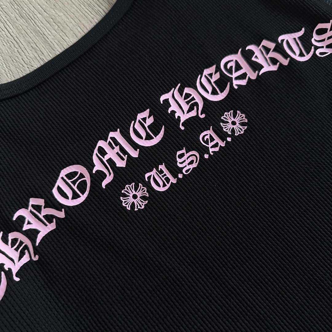 Chrome Hearts CH 克罗心 华夫格粉色梵文印花圆领短款T恤 短袖 女款 黑色