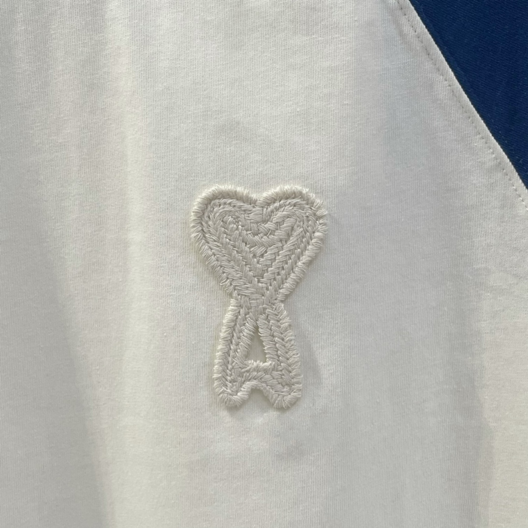 AMIPARIS Ami 编织爱心撞色插肩圆领短袖 T恤 男女同款 夏季 墨蓝色 抹茶绿