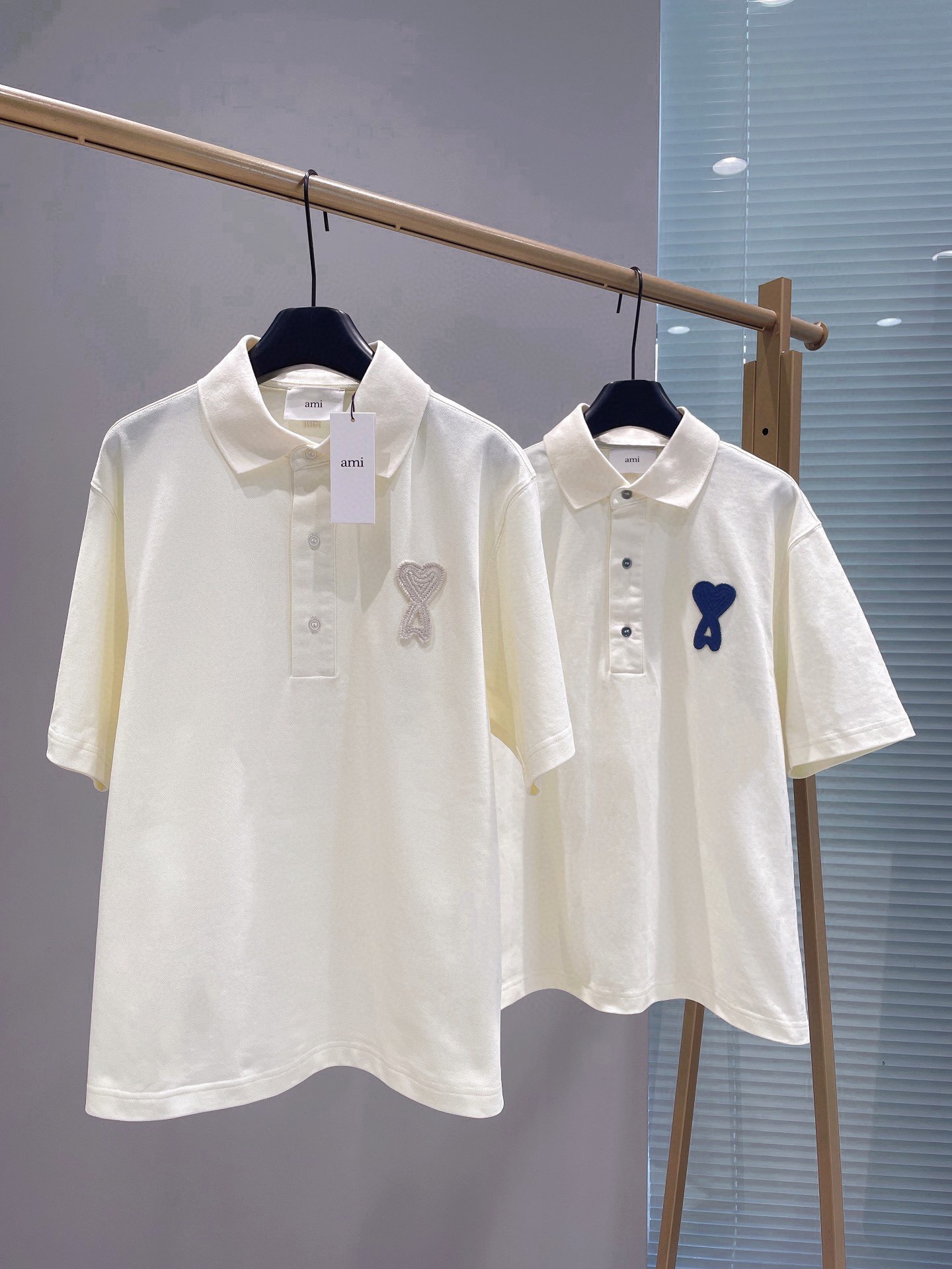 AMIPARIS Ami 编织爱心Polo衫 短袖 T恤 男女同款 夏季 白色白心 白色蓝心