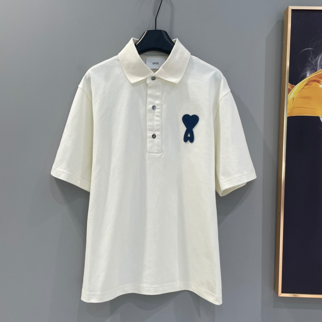 AMIPARIS Ami 编织爱心Polo衫 短袖 T恤 男女同款 夏季 白色白心 白色蓝心