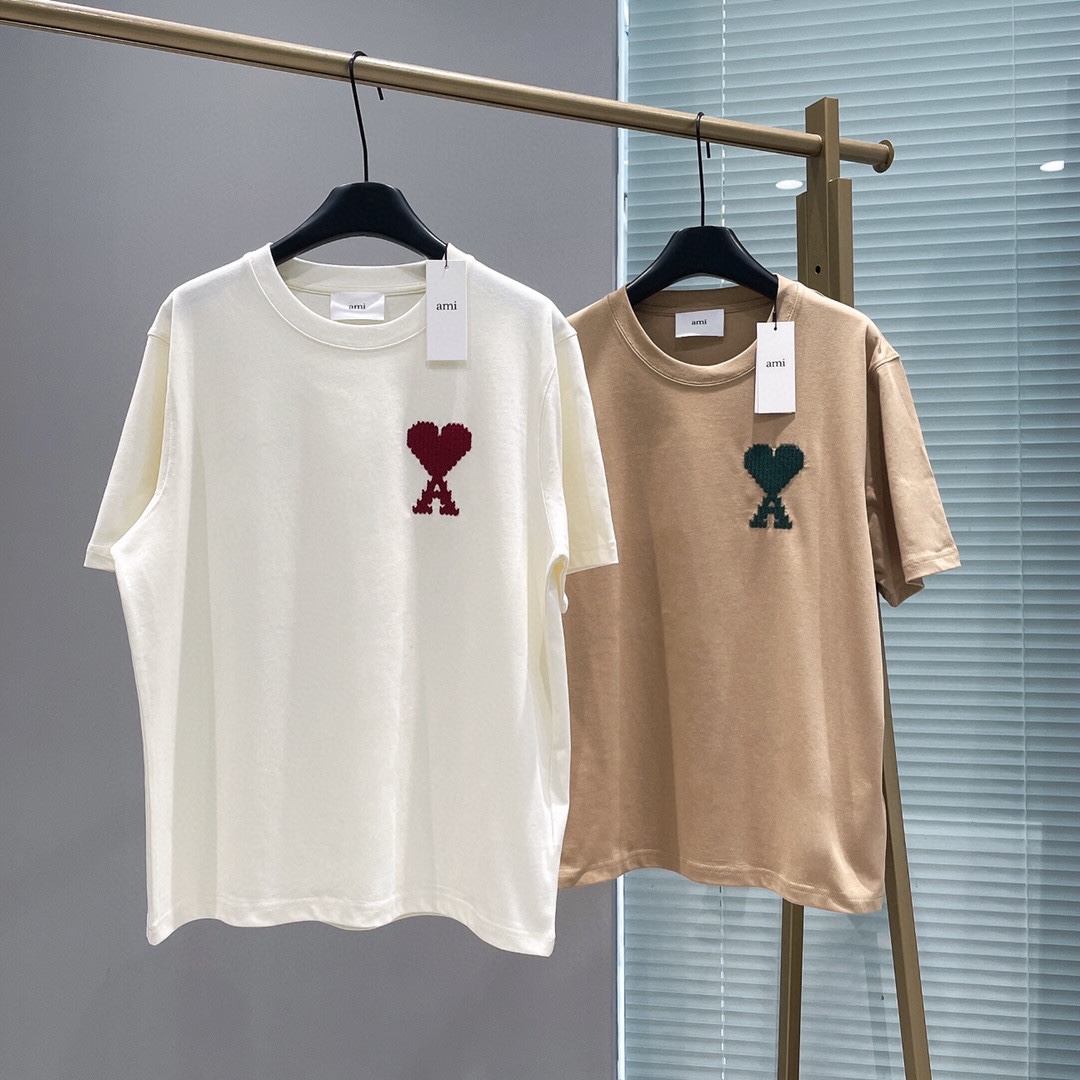 AMIPARIS Ami 马年限定 立体编织爱心圆领短袖 T恤 男女同款 夏季 白色 驼色