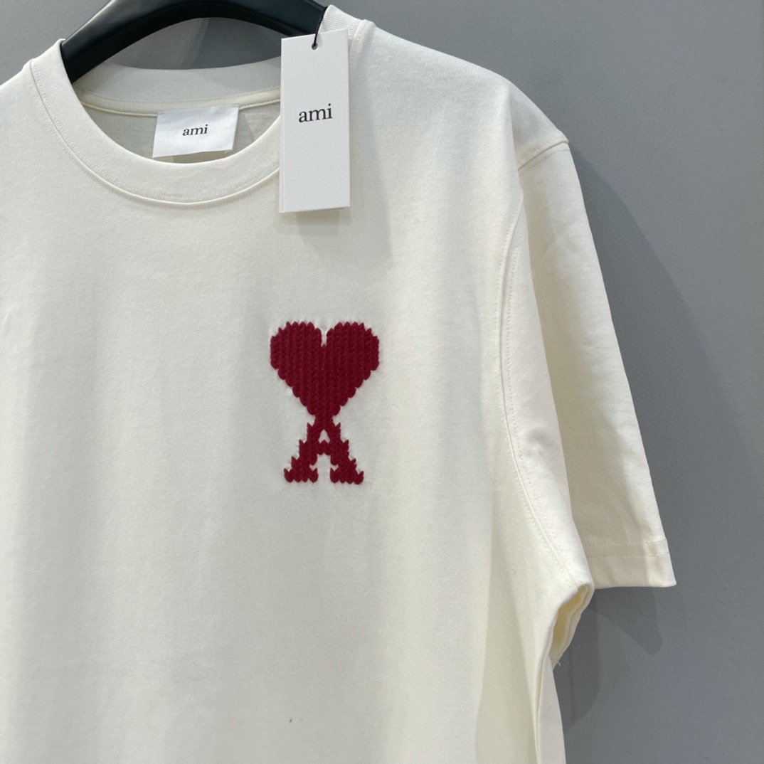 AMIPARIS Ami 马年限定 立体编织爱心圆领短袖 T恤 男女同款 夏季 白色 驼色
