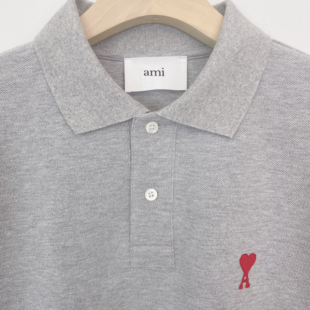 AMIPARIS Ami 红色小爱心刺绣有机棉珠地布Polo衫 短袖 T恤 男女同款 夏季 灰色 白色 黑色 蓝色