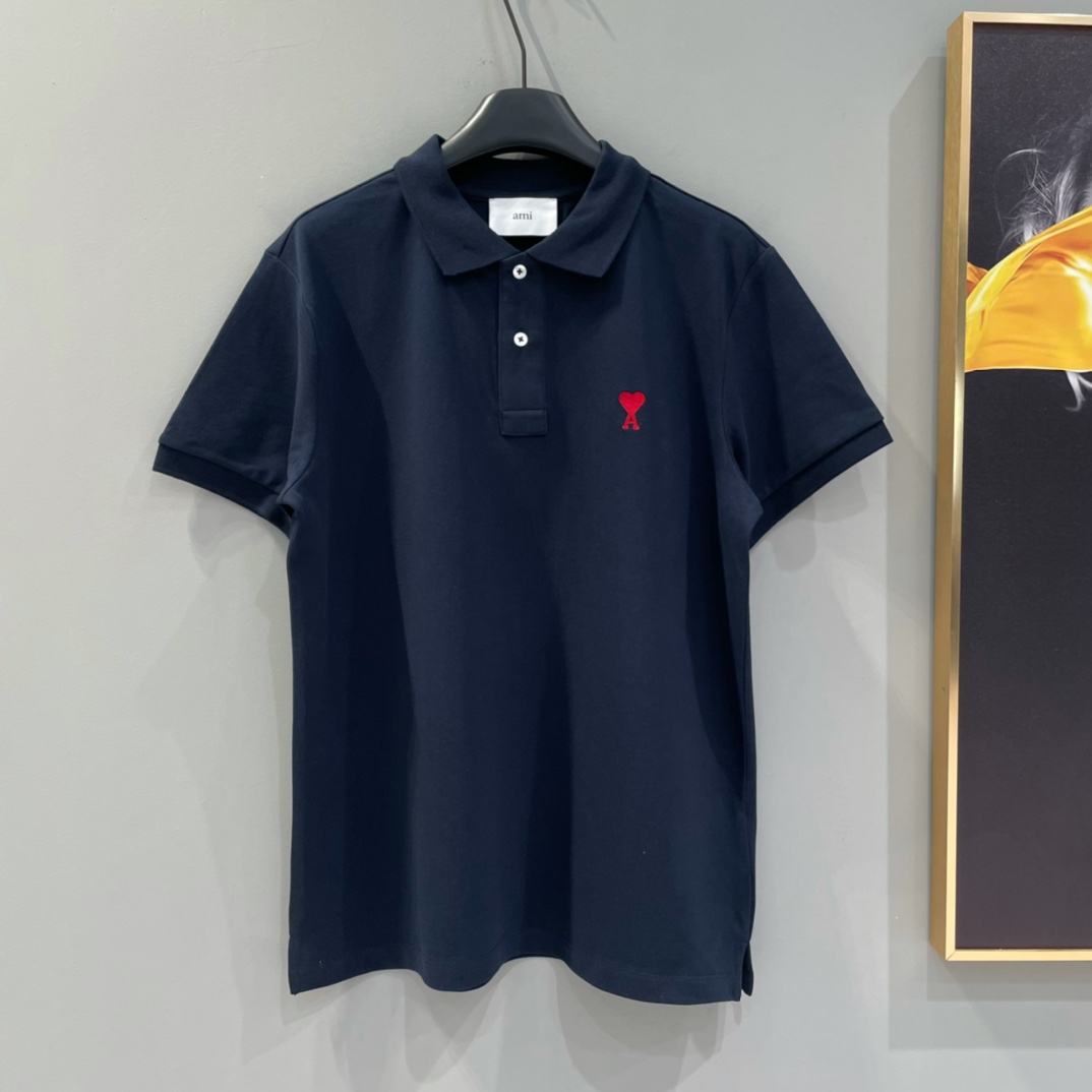 AMIPARIS Ami 红色小爱心刺绣有机棉珠地布Polo衫 短袖 T恤 男女同款 夏季 灰色 白色 黑色 蓝色