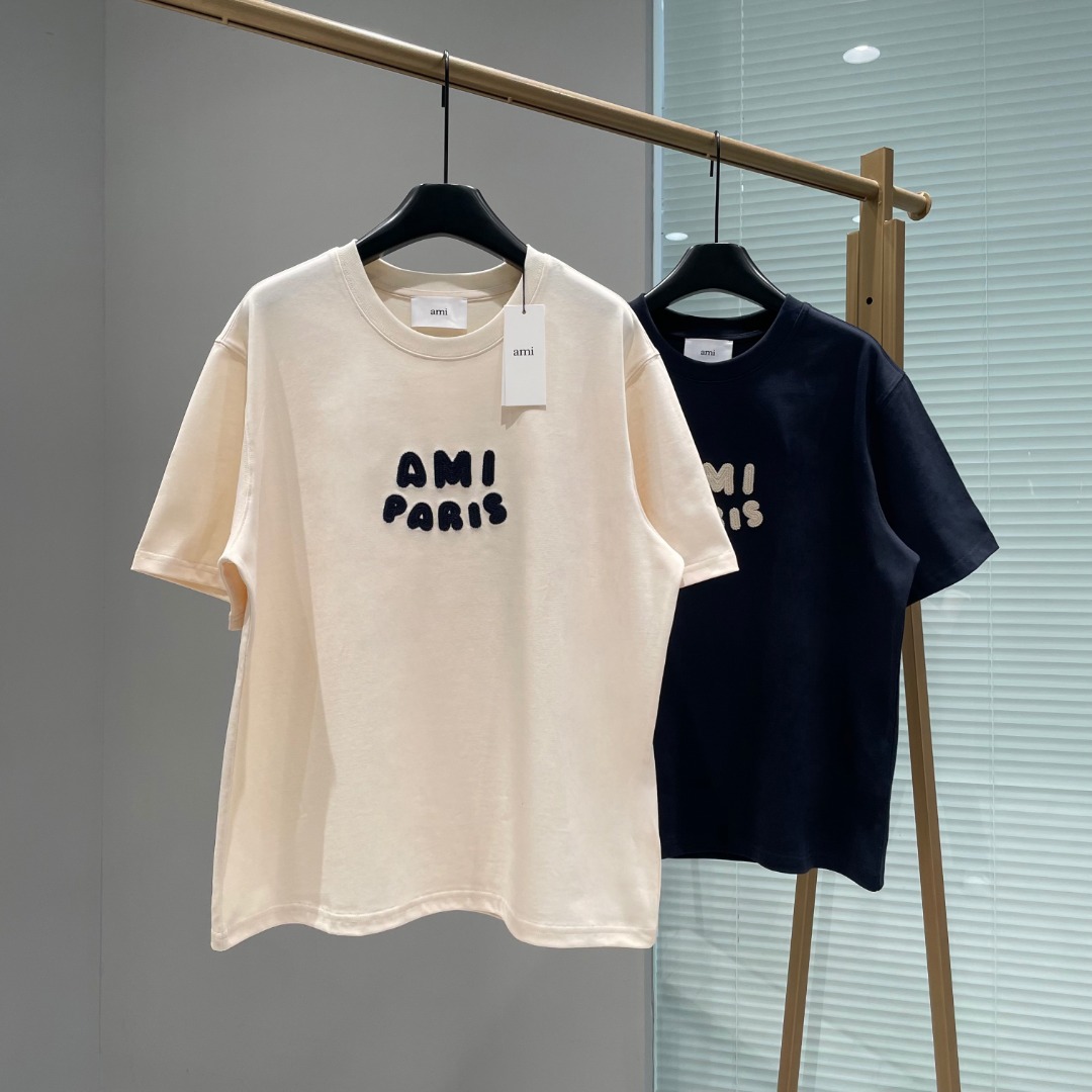AMIPARIS Ami 编织字母圆领短袖 T恤 男女同款 夏季 米白色 藏青色