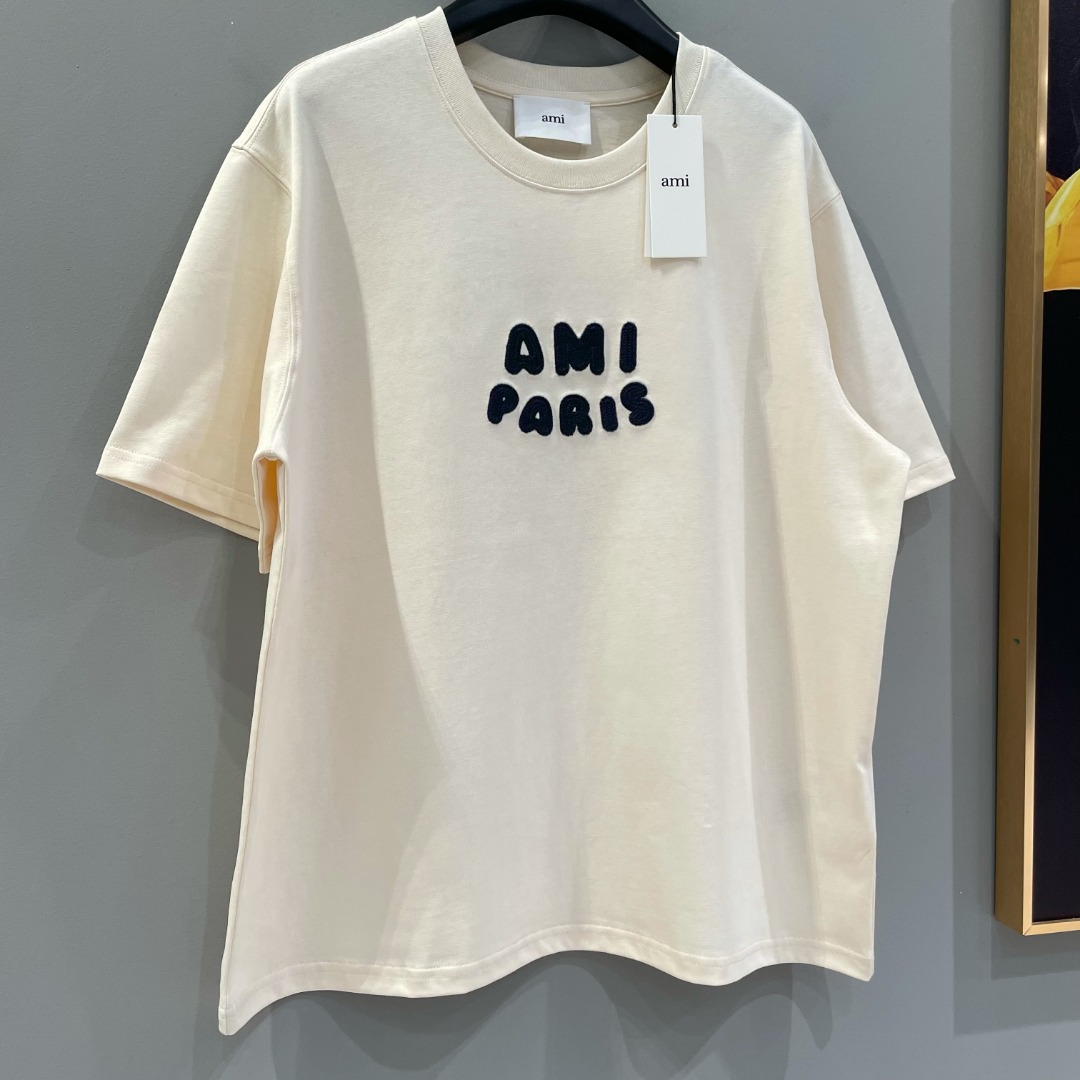 AMIPARIS Ami 编织字母圆领短袖 T恤 男女同款 夏季 米白色 藏青色