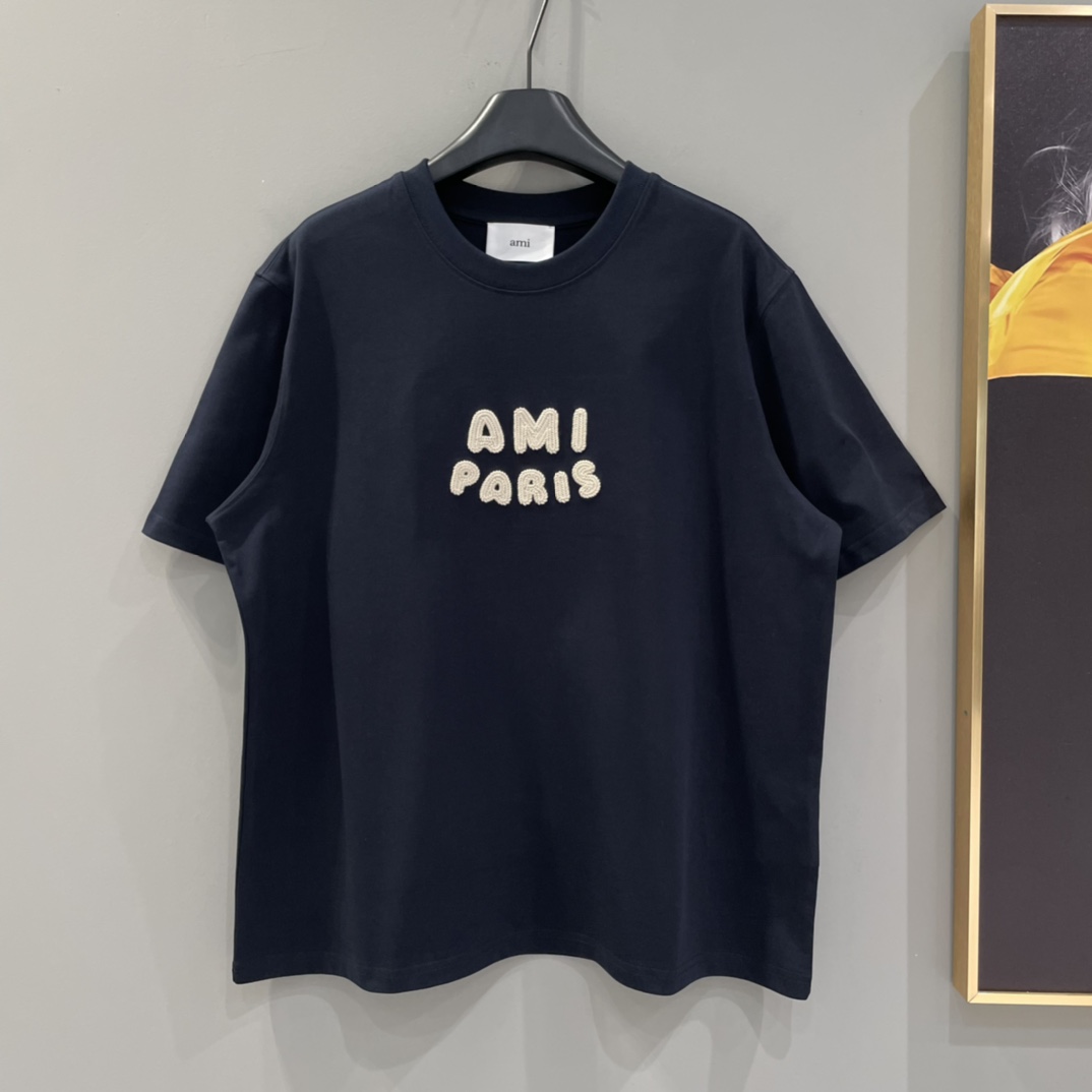AMIPARIS Ami 编织字母圆领短袖 T恤 男女同款 夏季 米白色 藏青色