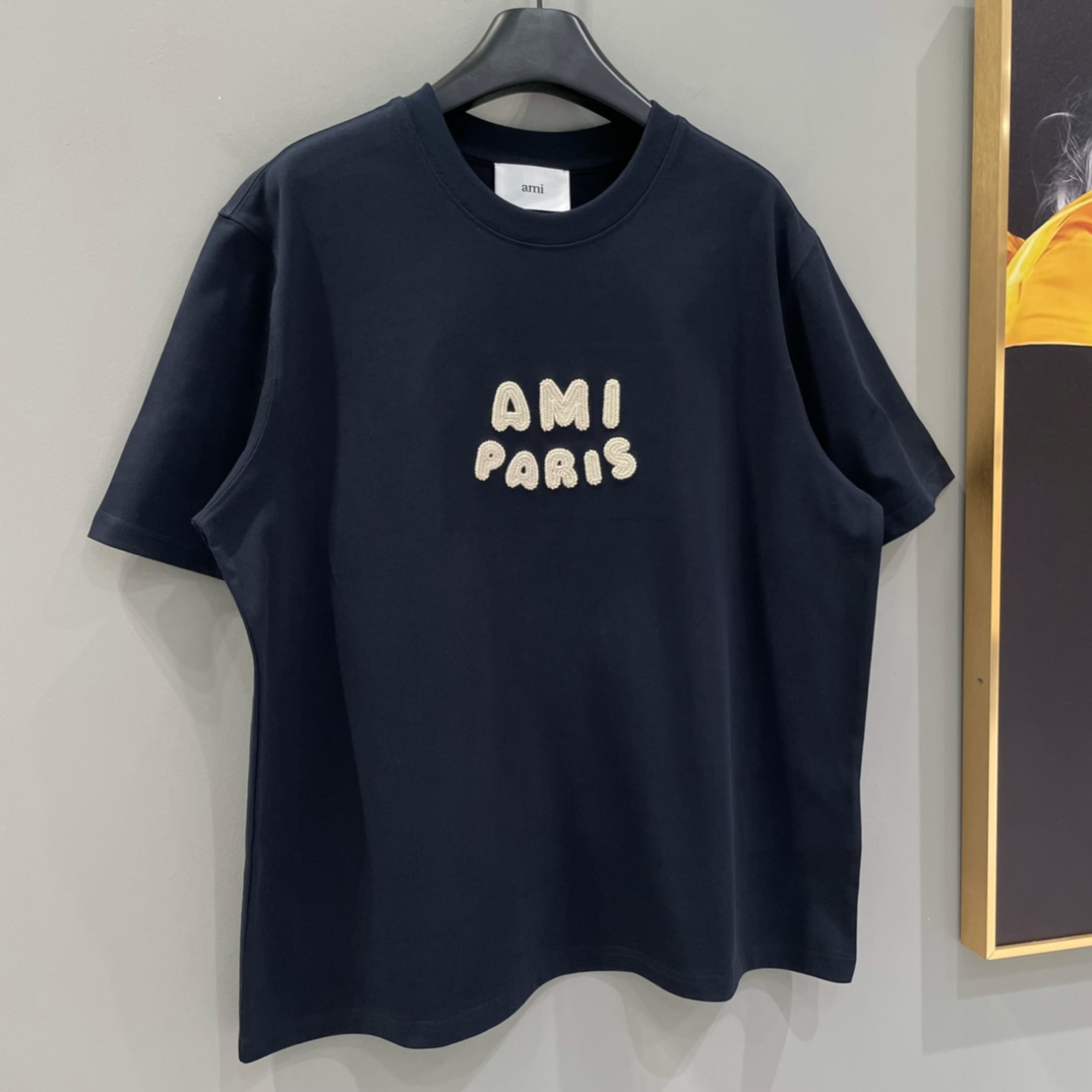 AMIPARIS Ami 编织字母圆领短袖 T恤 男女同款 夏季 米白色 藏青色
