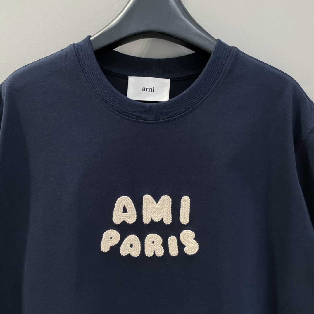 AMIPARIS Ami 编织字母圆领短袖 T恤 男女同款 夏季 米白色 藏青色