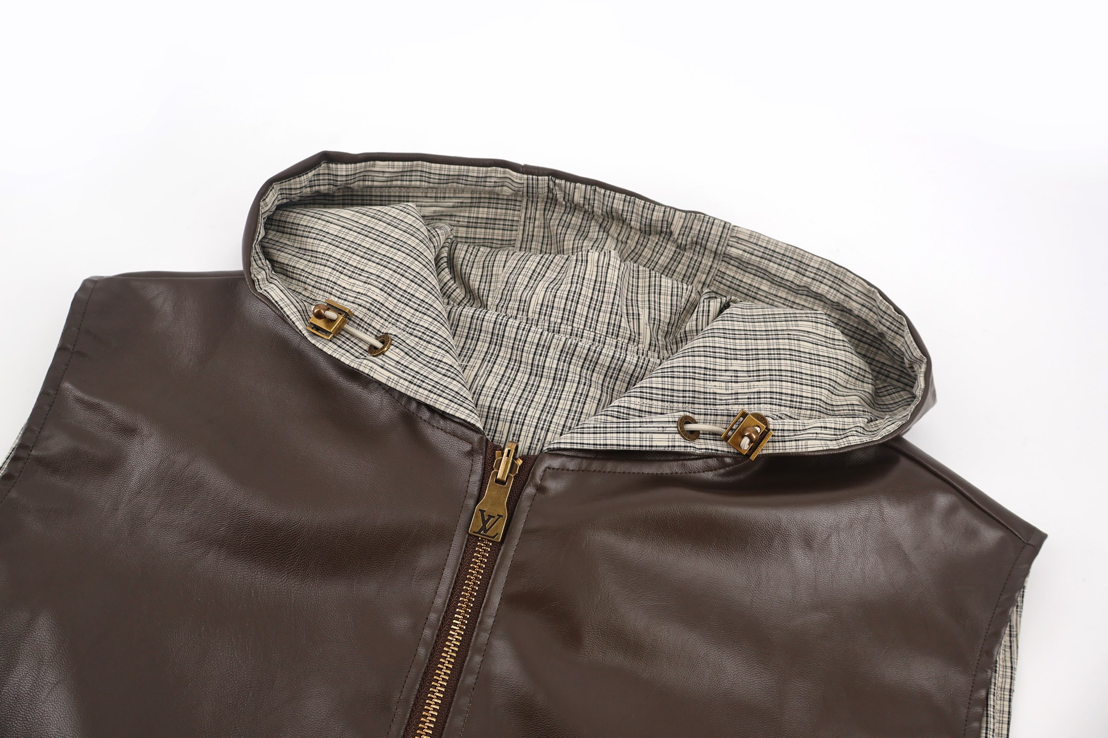 [Copy]LOUIS VUITTON 路易威登 格纹满印皮质双面两穿拉链连帽马甲 背心 外套 夹克 棕色 C0