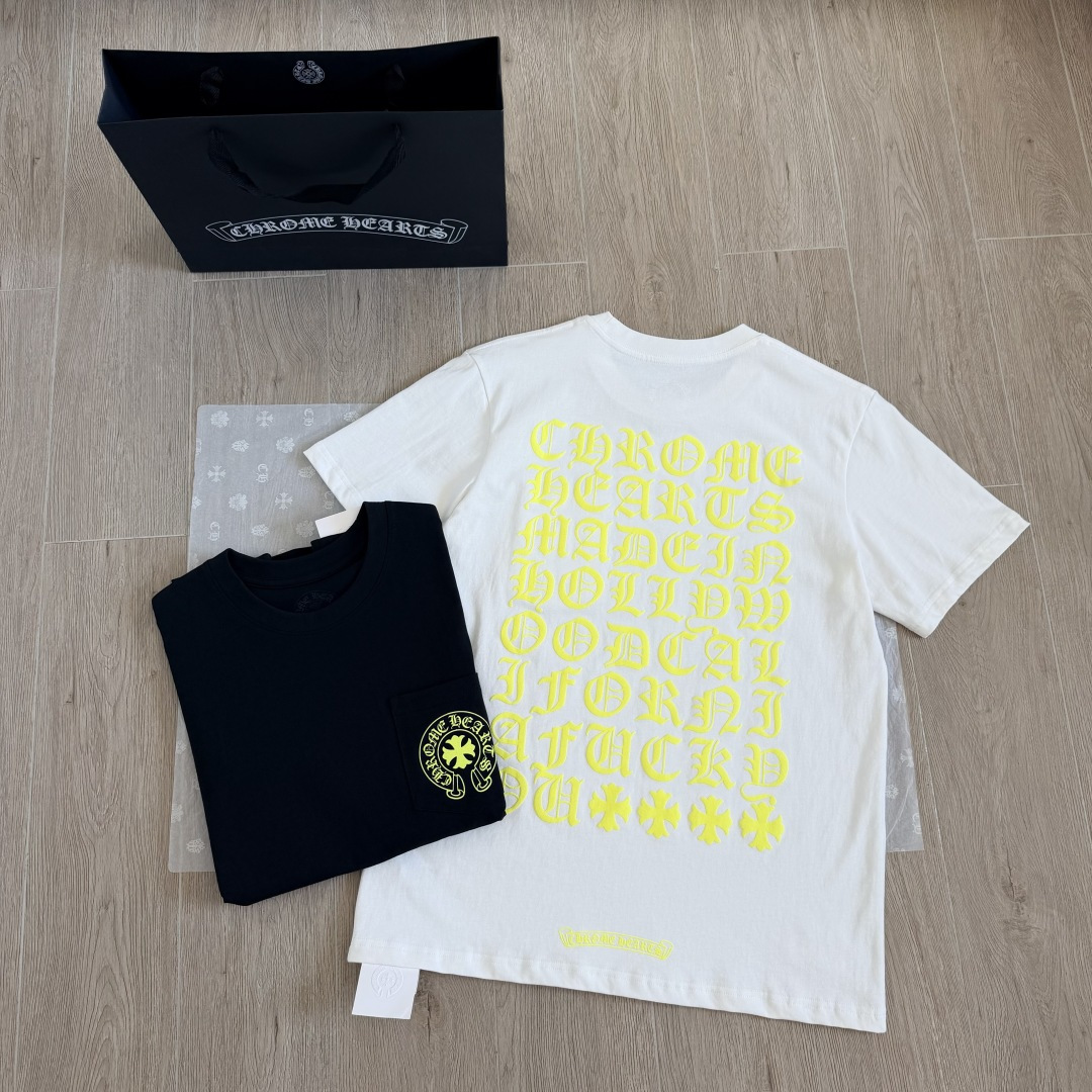 Chrome Hearts CH 克罗心 后背黄色荧光梵文圆领短袖 T恤 白色 黑色 A0 
