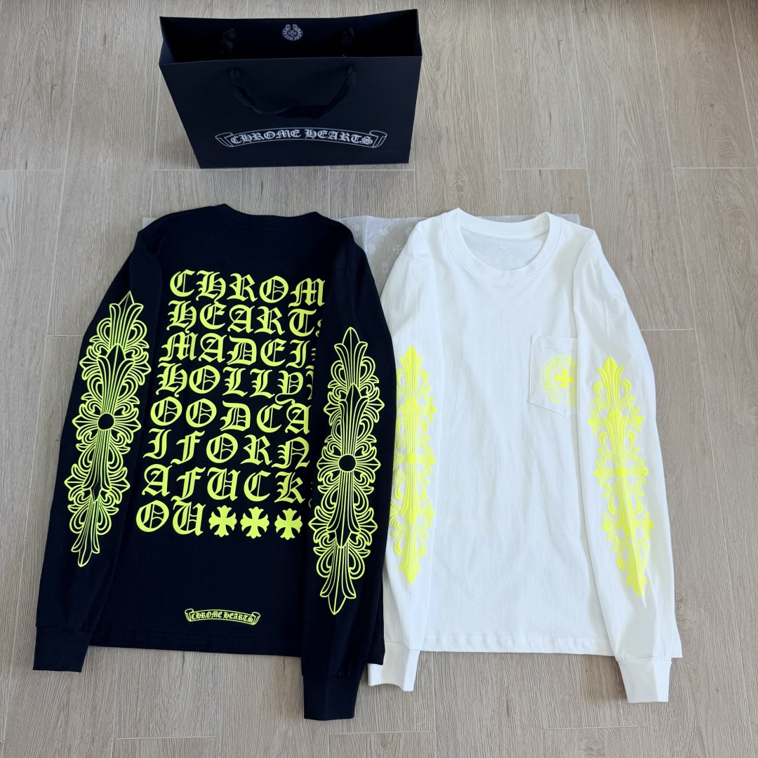 Chrome Hearts CH克罗心 后背黄色荧光梵文圆领T恤 打底衫 长袖 白色 黑色