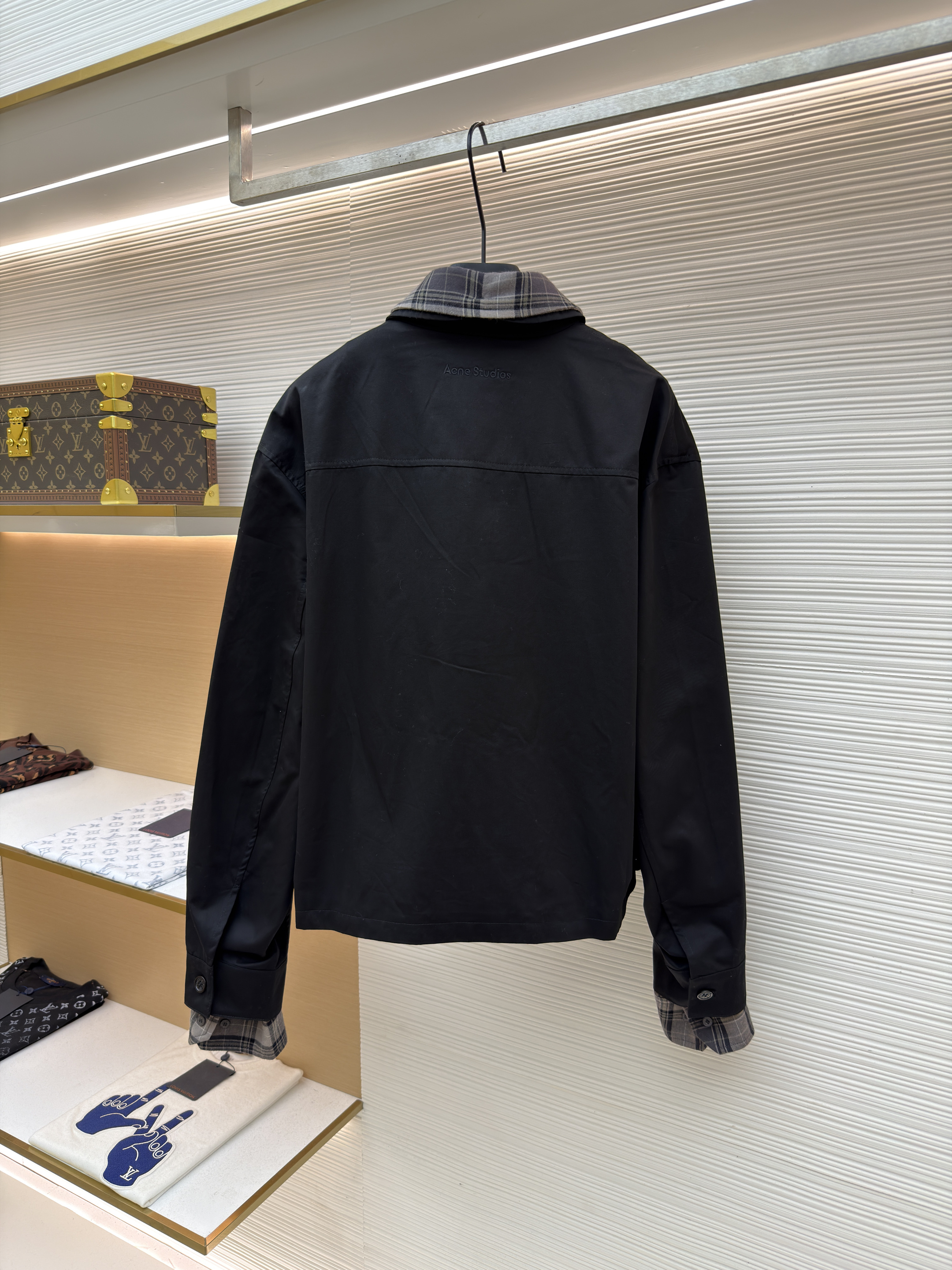 Acne Studios 黑格纹领假两件短款翻领拉链夹克 外套 女款 秋冬 长袖 黑色 C0