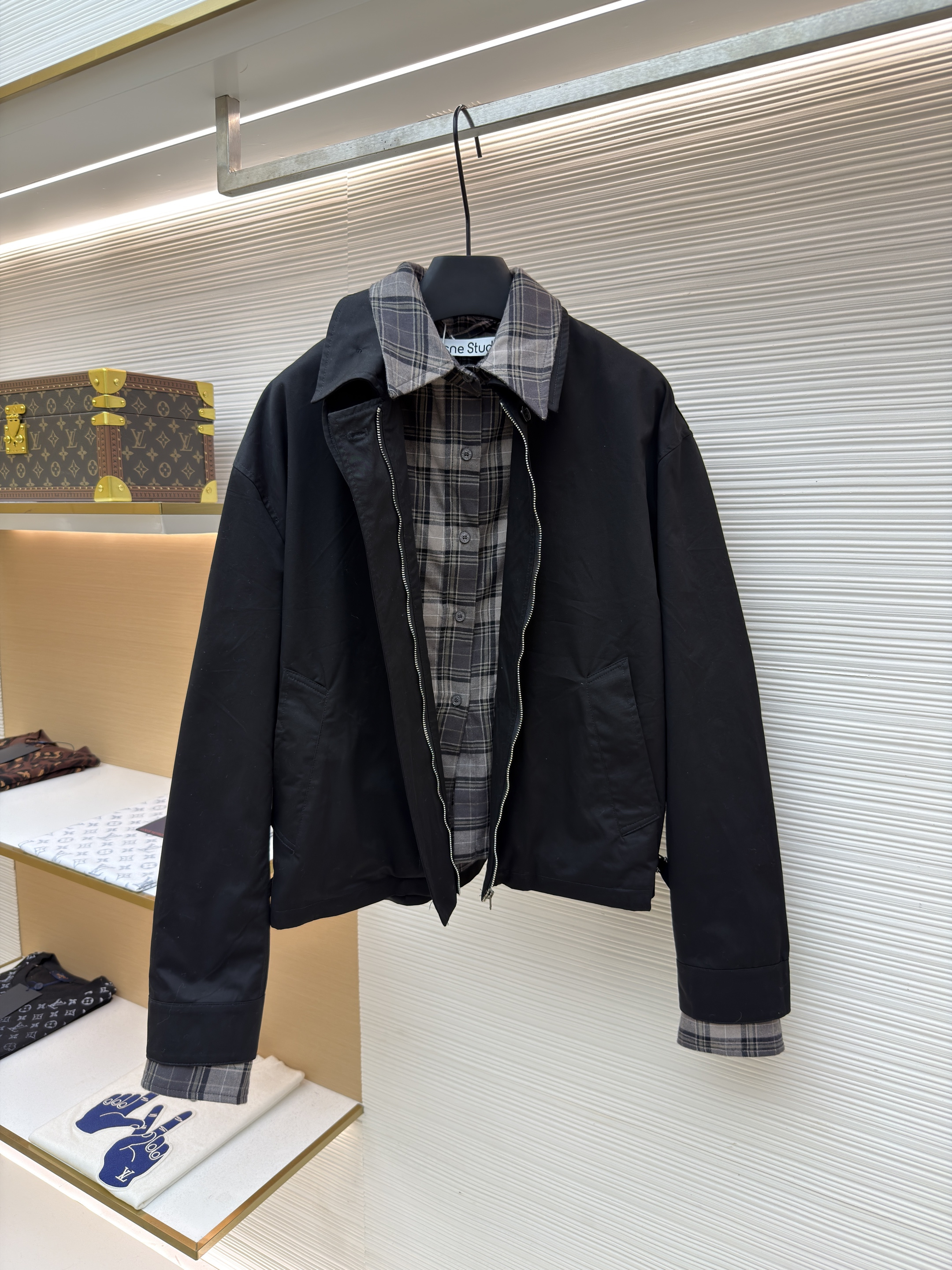 Acne Studios 黑格纹领假两件短款翻领拉链夹克 外套 女款 秋冬 长袖 黑色 C0