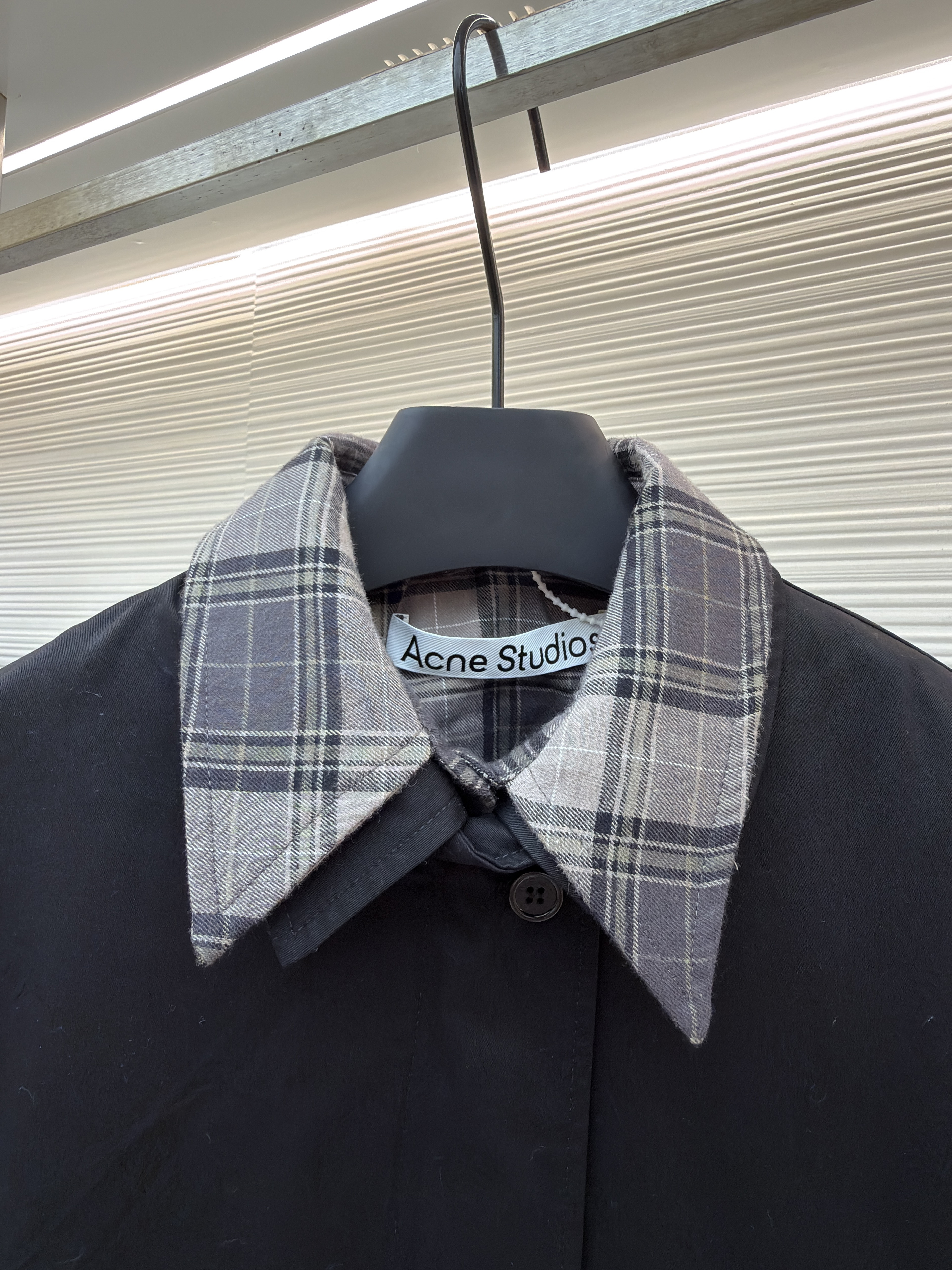 Acne Studios 黑格纹领假两件短款翻领拉链夹克 外套 女款 秋冬 长袖 黑色 C0