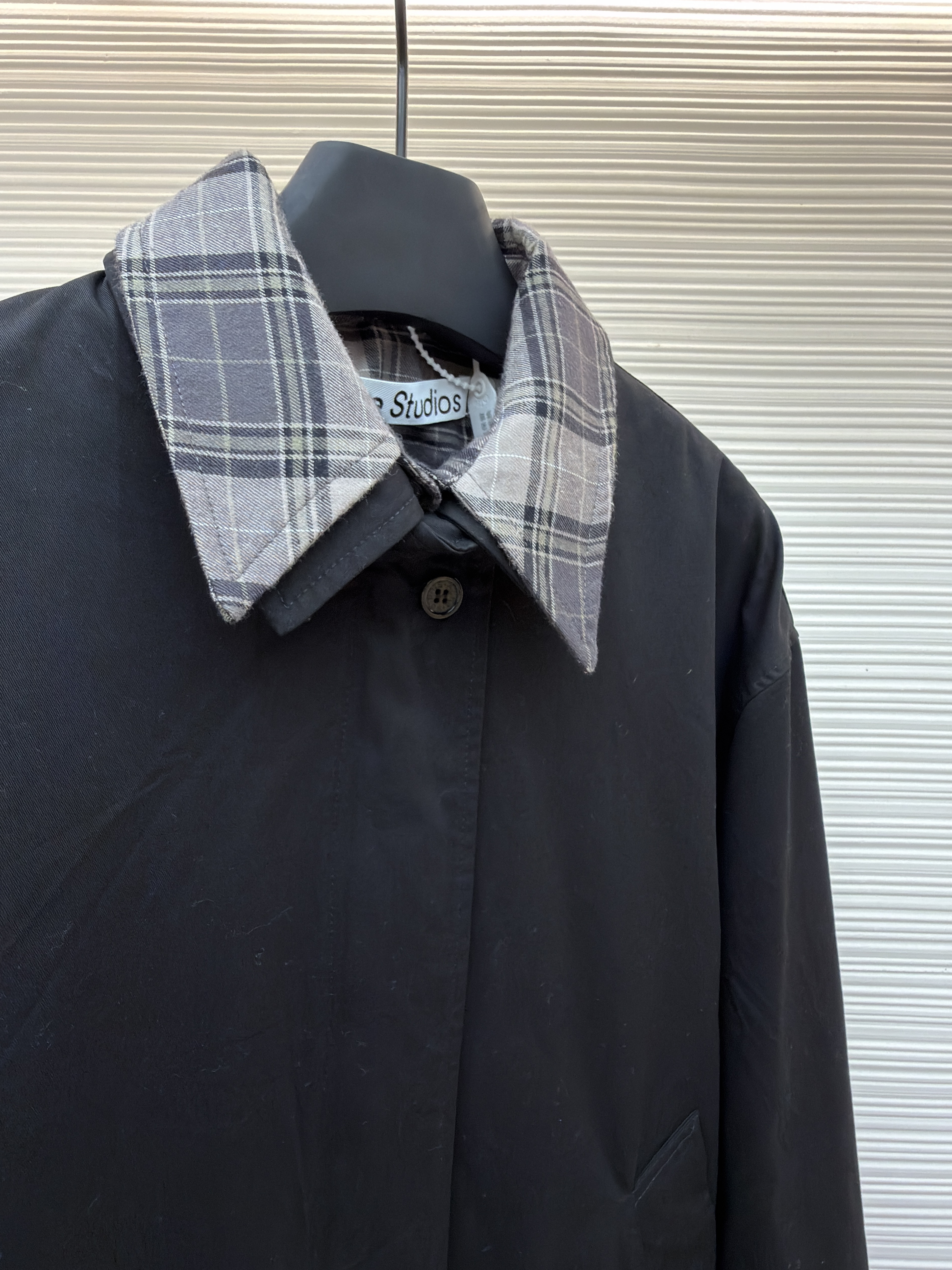 Acne Studios 黑格纹领假两件短款翻领拉链夹克 外套 女款 秋冬 长袖 黑色 C0