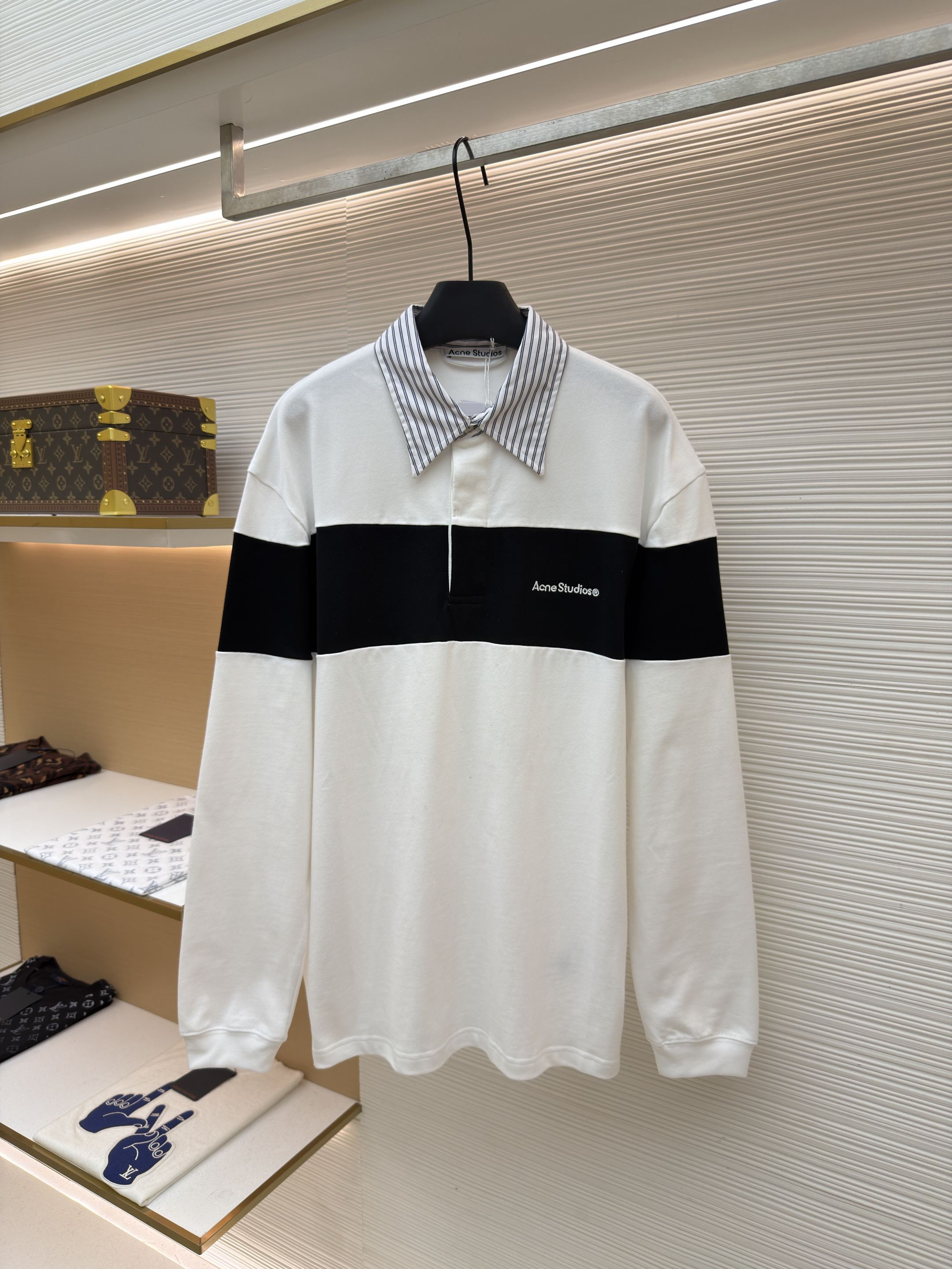 Acne Studios 拼色刺绣条纹领Polo衫 长袖 T恤 白色 A5