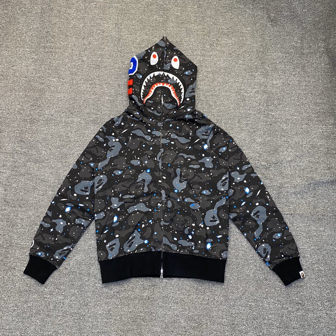 A BATHING APE BAPE  猿人鲨鱼 星空迷彩 拉链外套 黑色 男女同款 