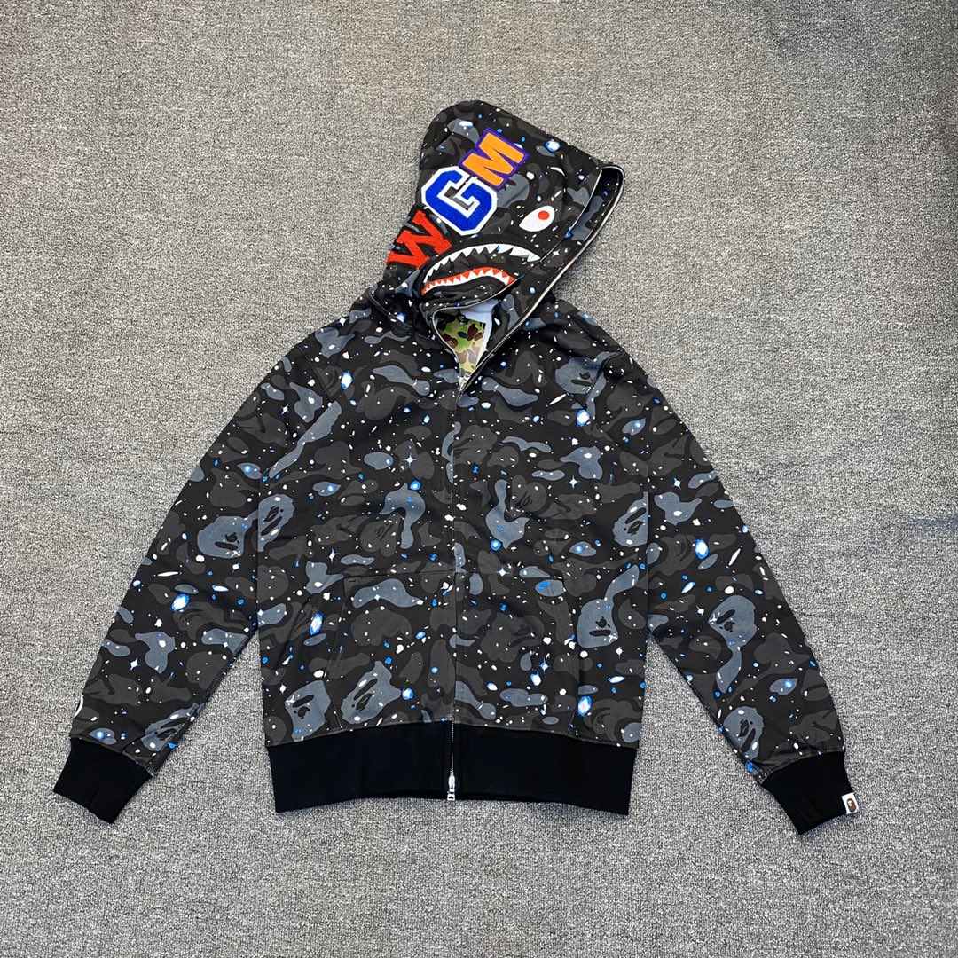 A BATHING APE BAPE  猿人鲨鱼 星空迷彩 拉链外套 黑色 男女同款 