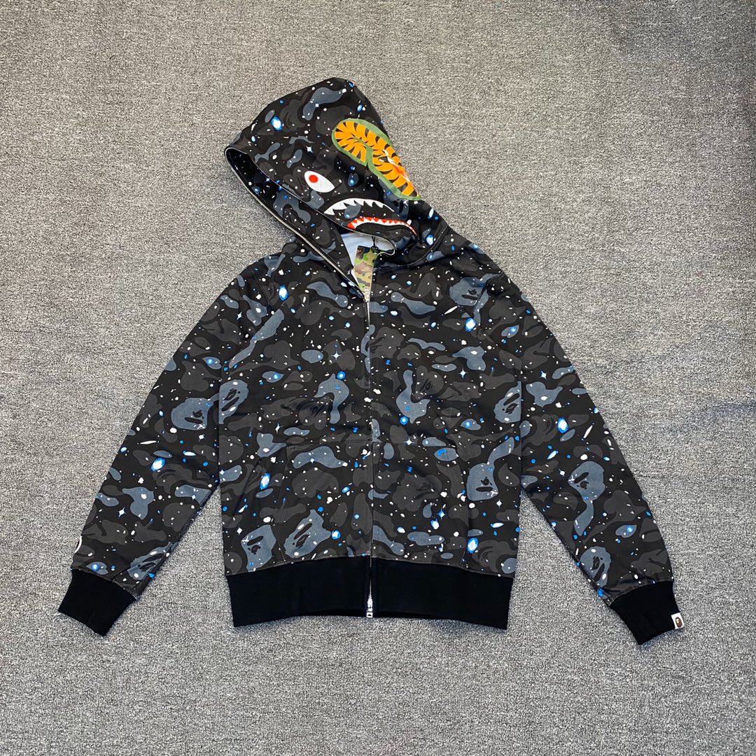 A BATHING APE BAPE  猿人鲨鱼 星空迷彩 拉链外套 黑色 男女同款 