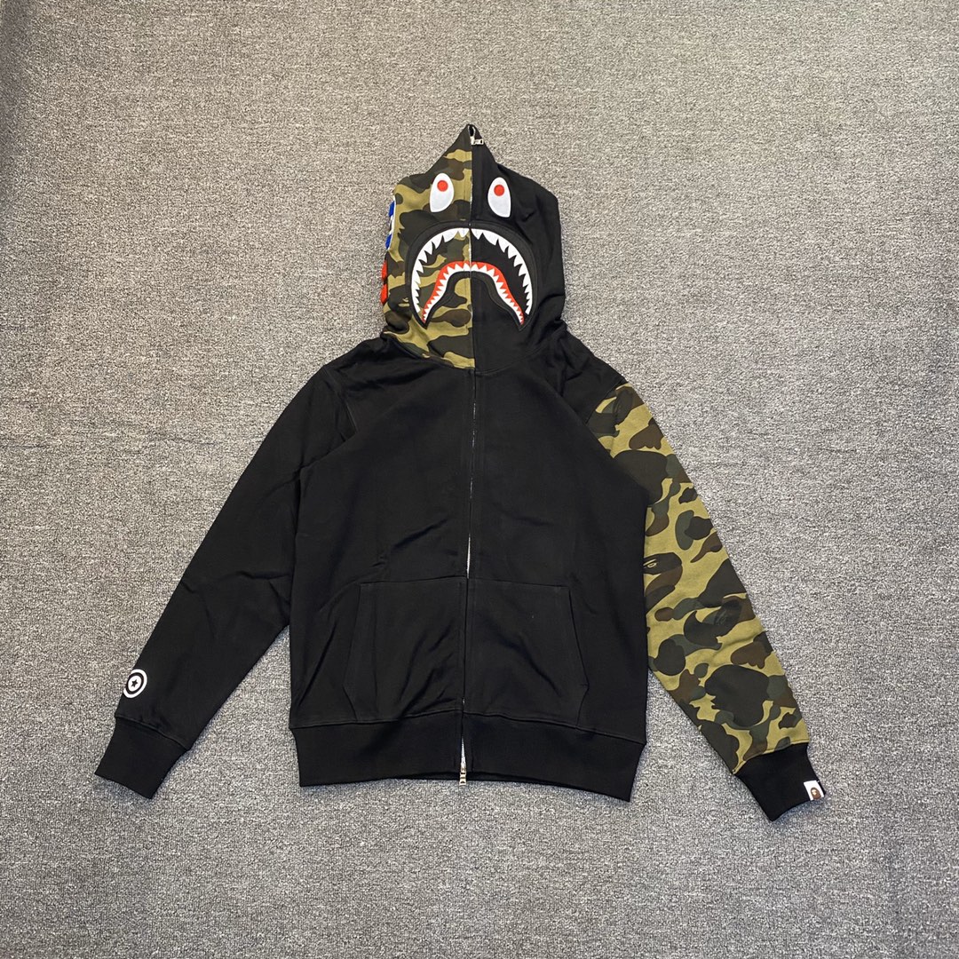 A BATHING APE BAPE  猿人鲨鱼  半袖 迷彩拼接 拉链外套 黑色 男女同款 B0