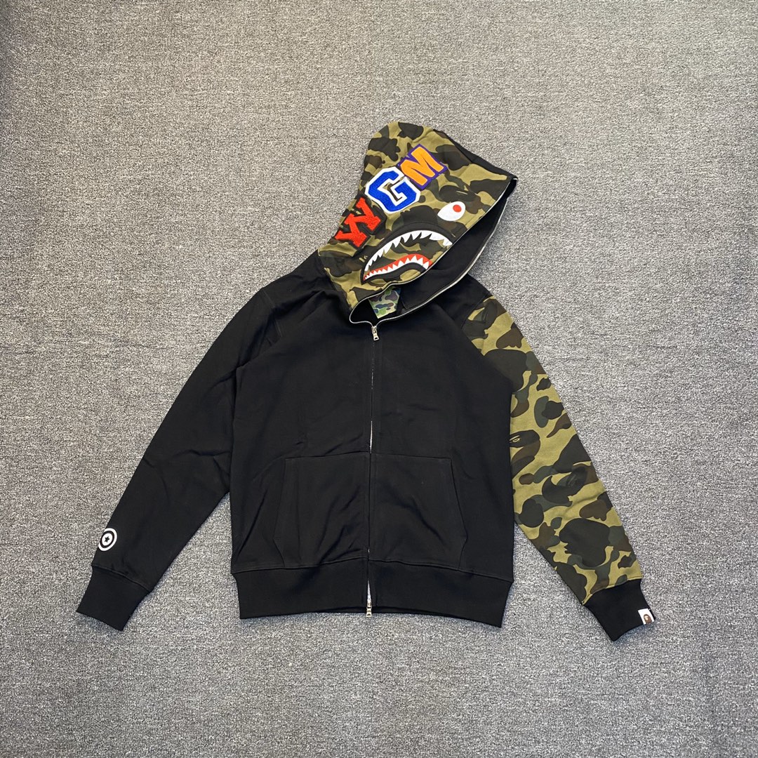 A BATHING APE BAPE  猿人鲨鱼  半袖 迷彩拼接 拉链外套 黑色 男女同款 B0