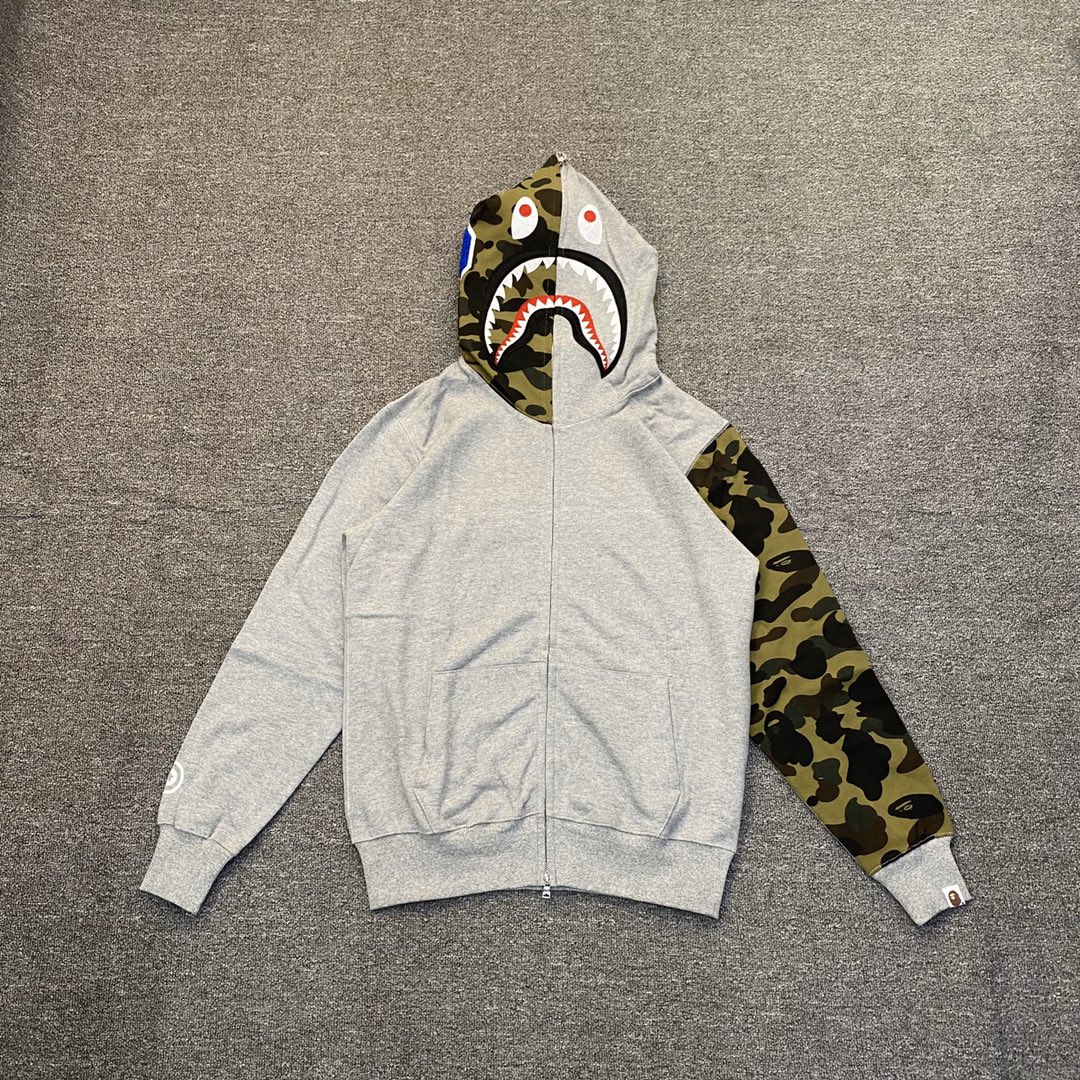 A BATHING APE BAPE  猿人鲨鱼  半袖 迷彩拼接 拉链外套 灰色 男女同款 B0
