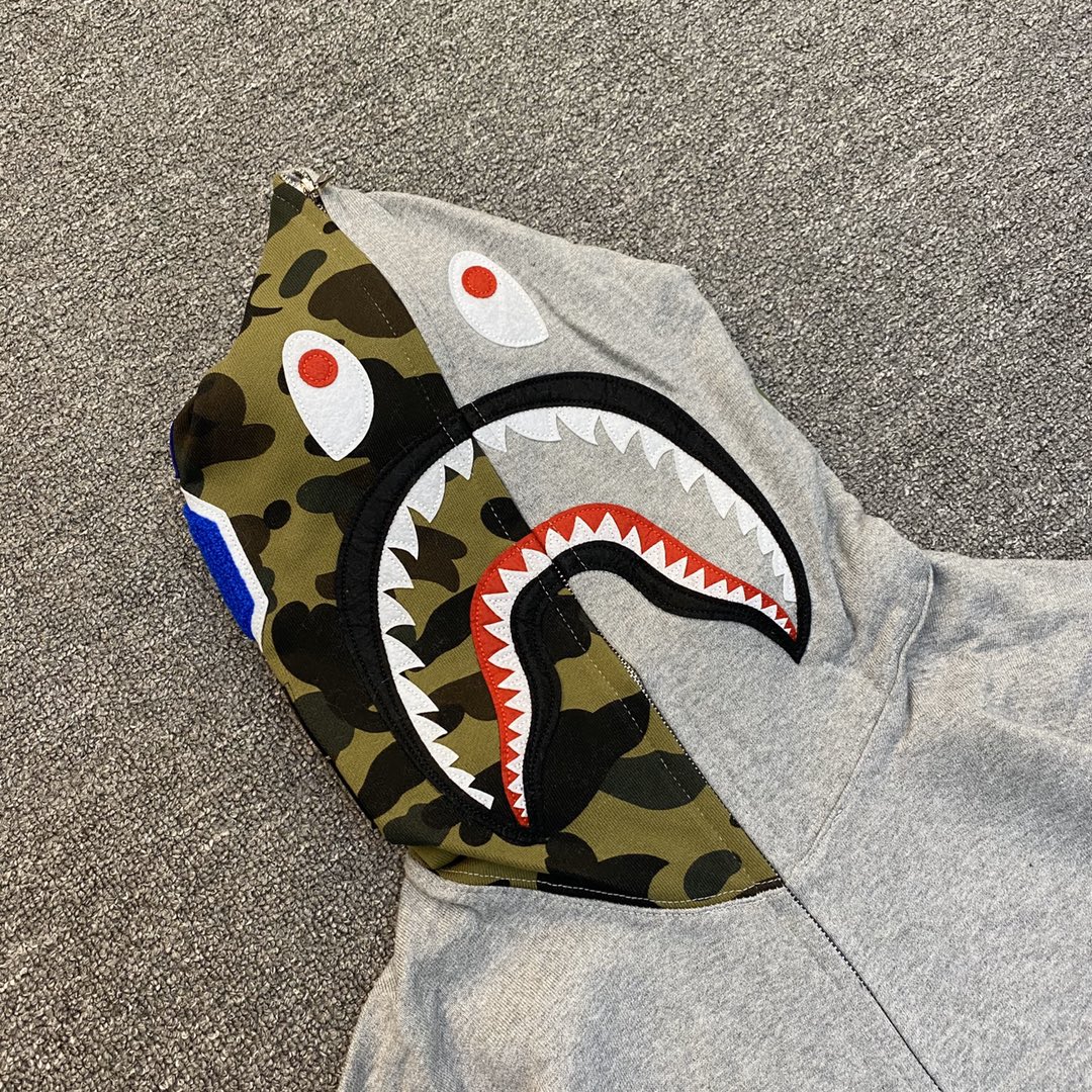 A BATHING APE BAPE  猿人鲨鱼  半袖 迷彩拼接 拉链外套 灰色 男女同款 B0