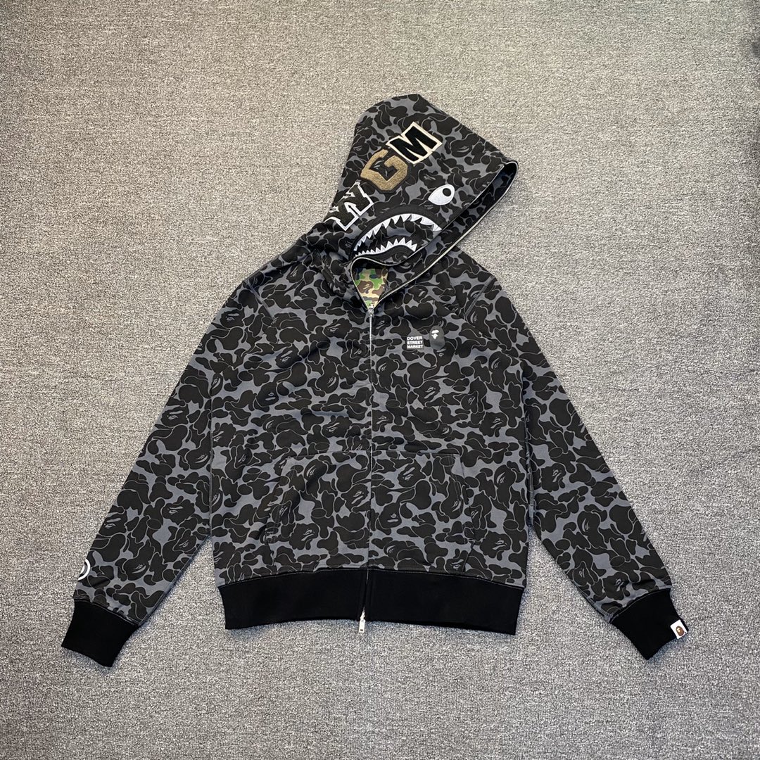 A BATHING APE BAPE  猿人鲨鱼  水墨迷彩拼接 拉链外套 黑色 男女同款 B0