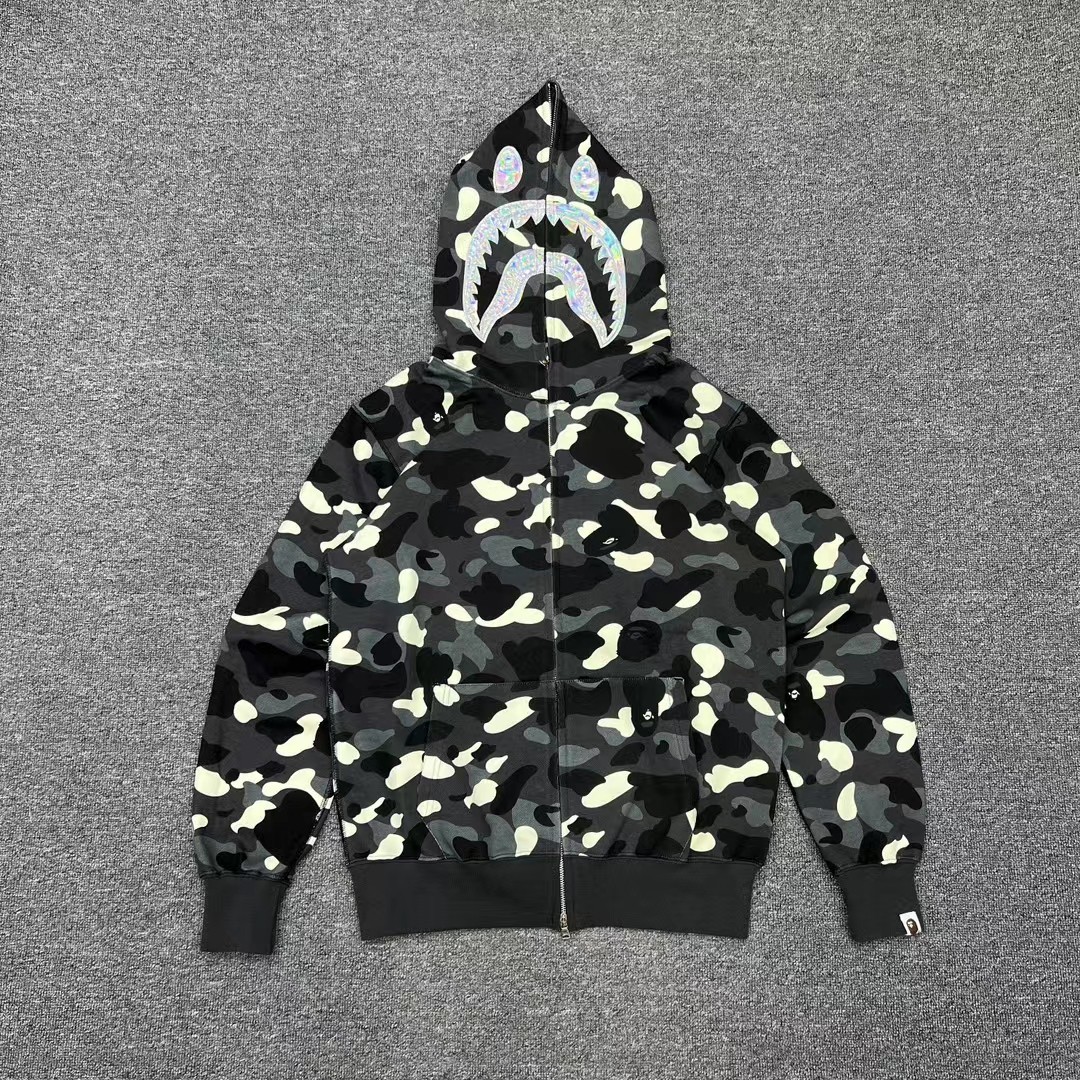 A BATHING APE BAPE  CITY CAMO SHARK HOODIE  夜光 鲨鱼拉链外套  男女同款 黑色
