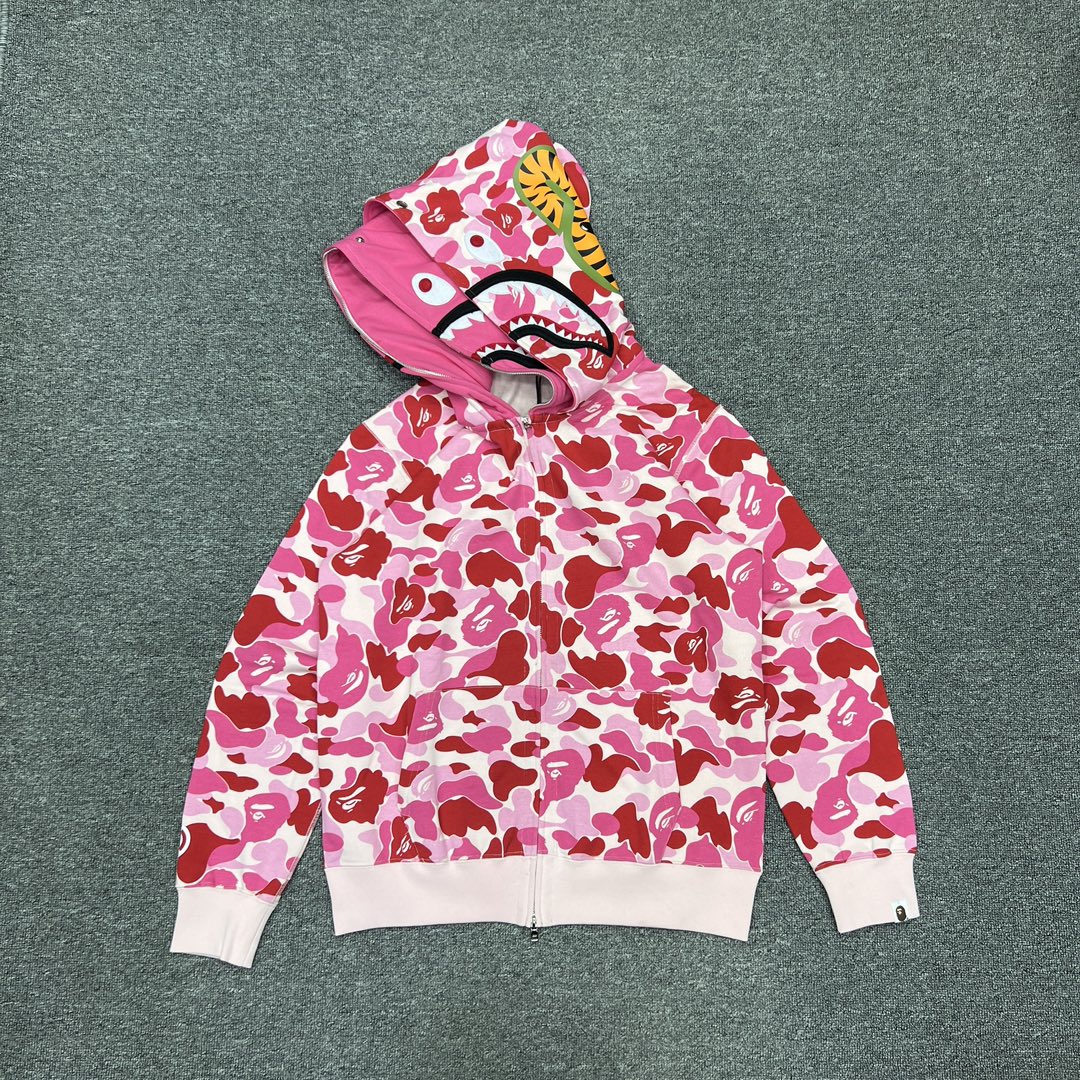 A BATHING APE BAPE  双帽  鲨鱼拉链外套  男女同款 粉色