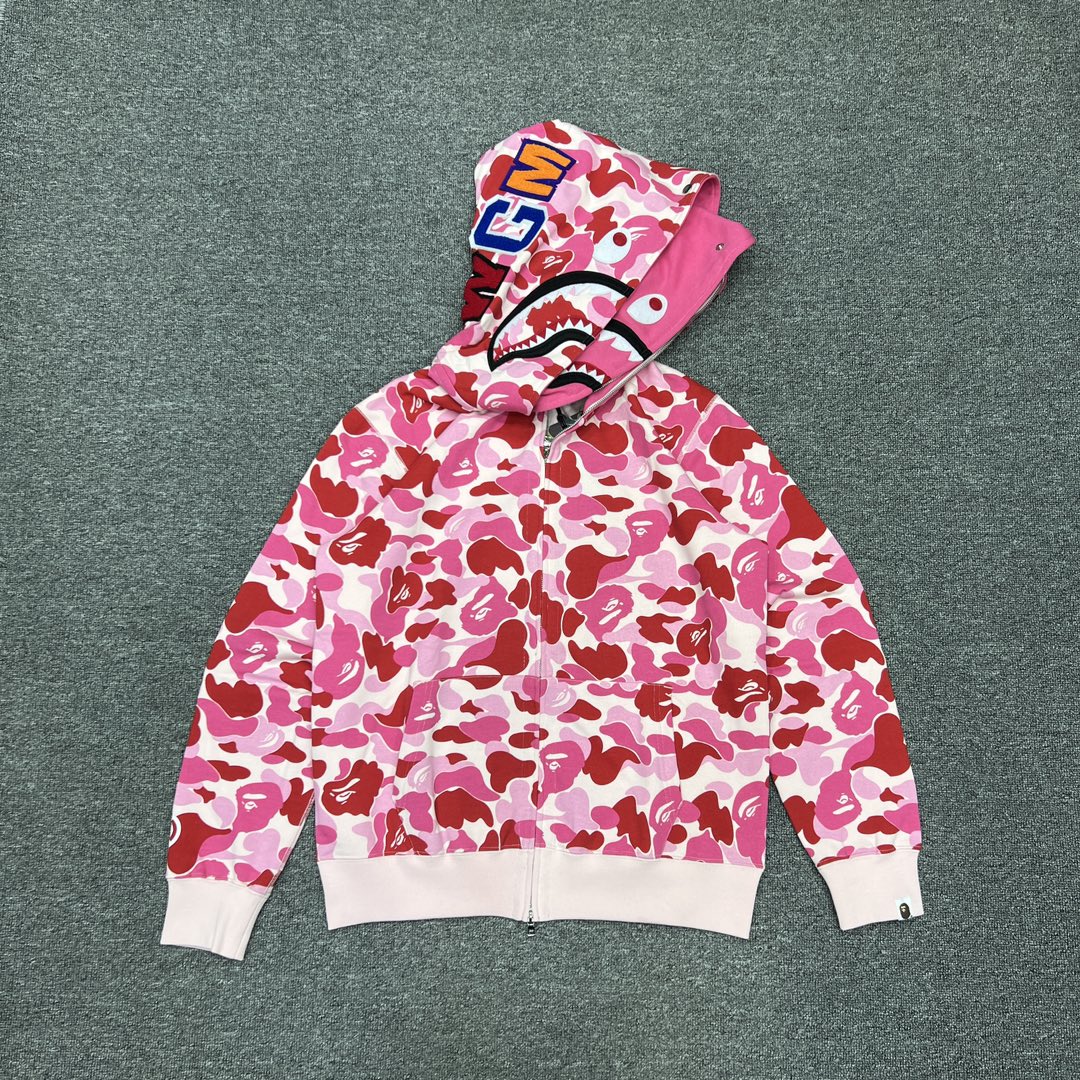A BATHING APE BAPE  双帽  鲨鱼拉链外套  男女同款 粉色