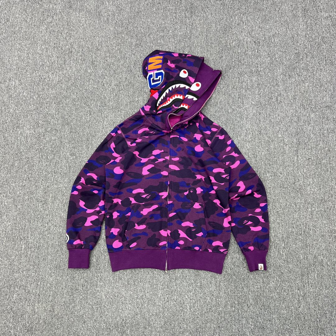 A BATHING APE BAPE  双帽  鲨鱼拉链外套  男女同款 紫色