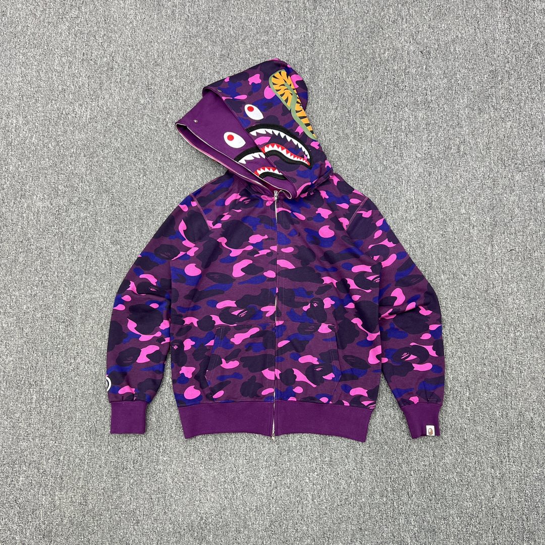 A BATHING APE BAPE  双帽  鲨鱼拉链外套  男女同款 紫色