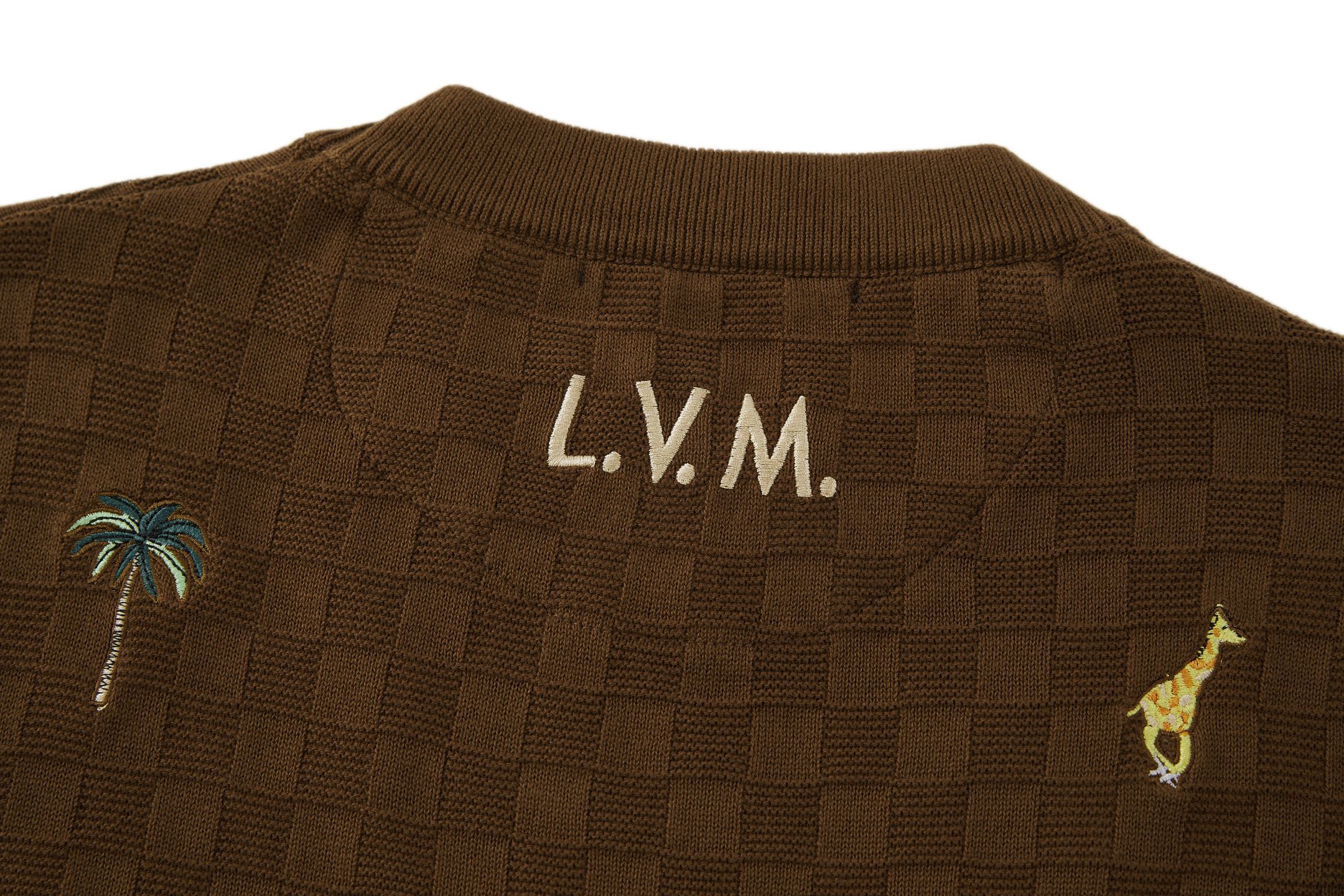 LOUIS VUITTON 路易威登 动物刺绣标识棋盘格针织毛衣 针织衫 外套 棕色 B5