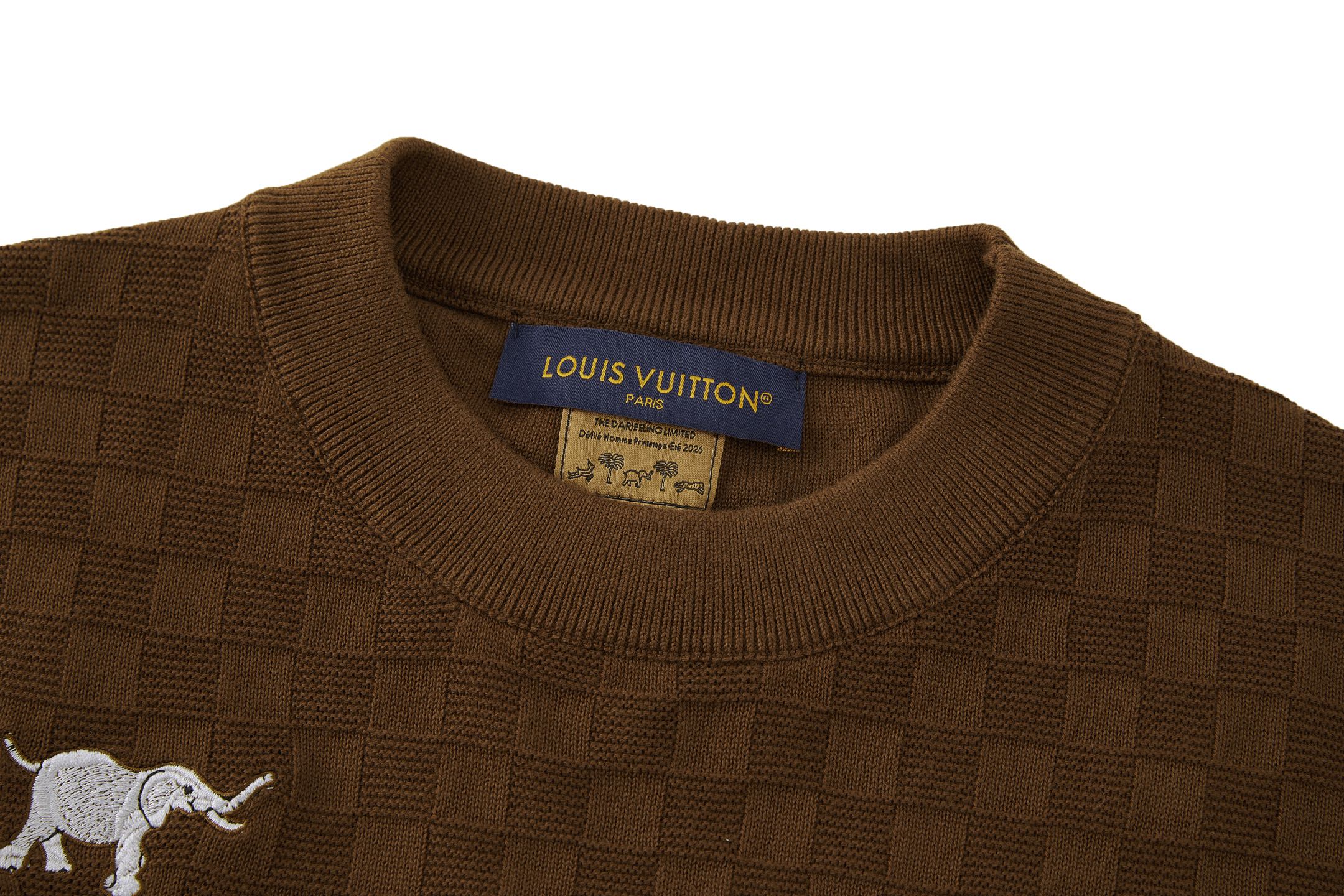 LOUIS VUITTON 路易威登 动物刺绣标识棋盘格针织毛衣 针织衫 外套 棕色 B5