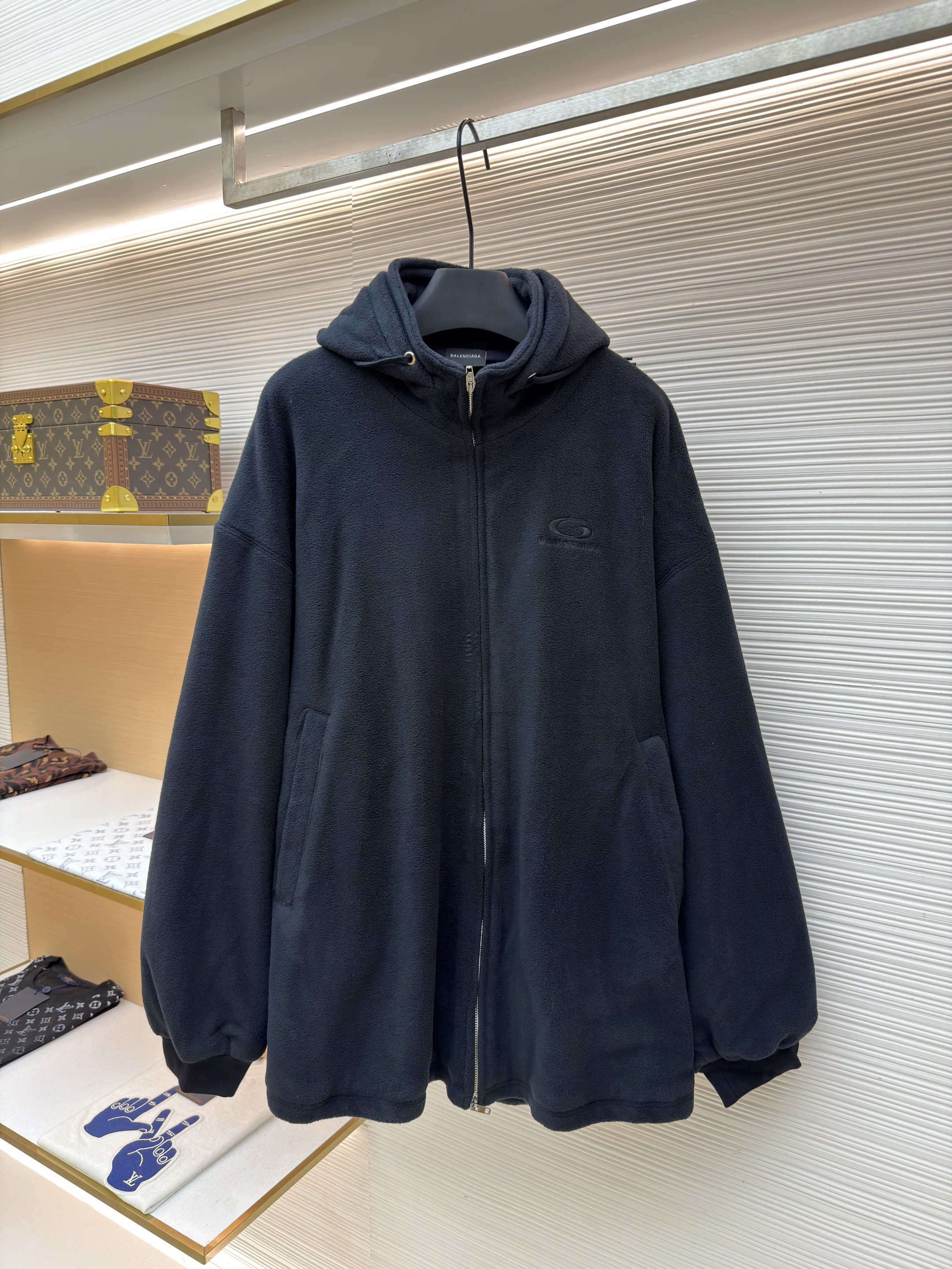 Balenciaga 巴黎世家 刺绣双向拉链抓绒连帽卫衣 连帽衫 夹克 外套 秋冬 长袖 黑色 B5