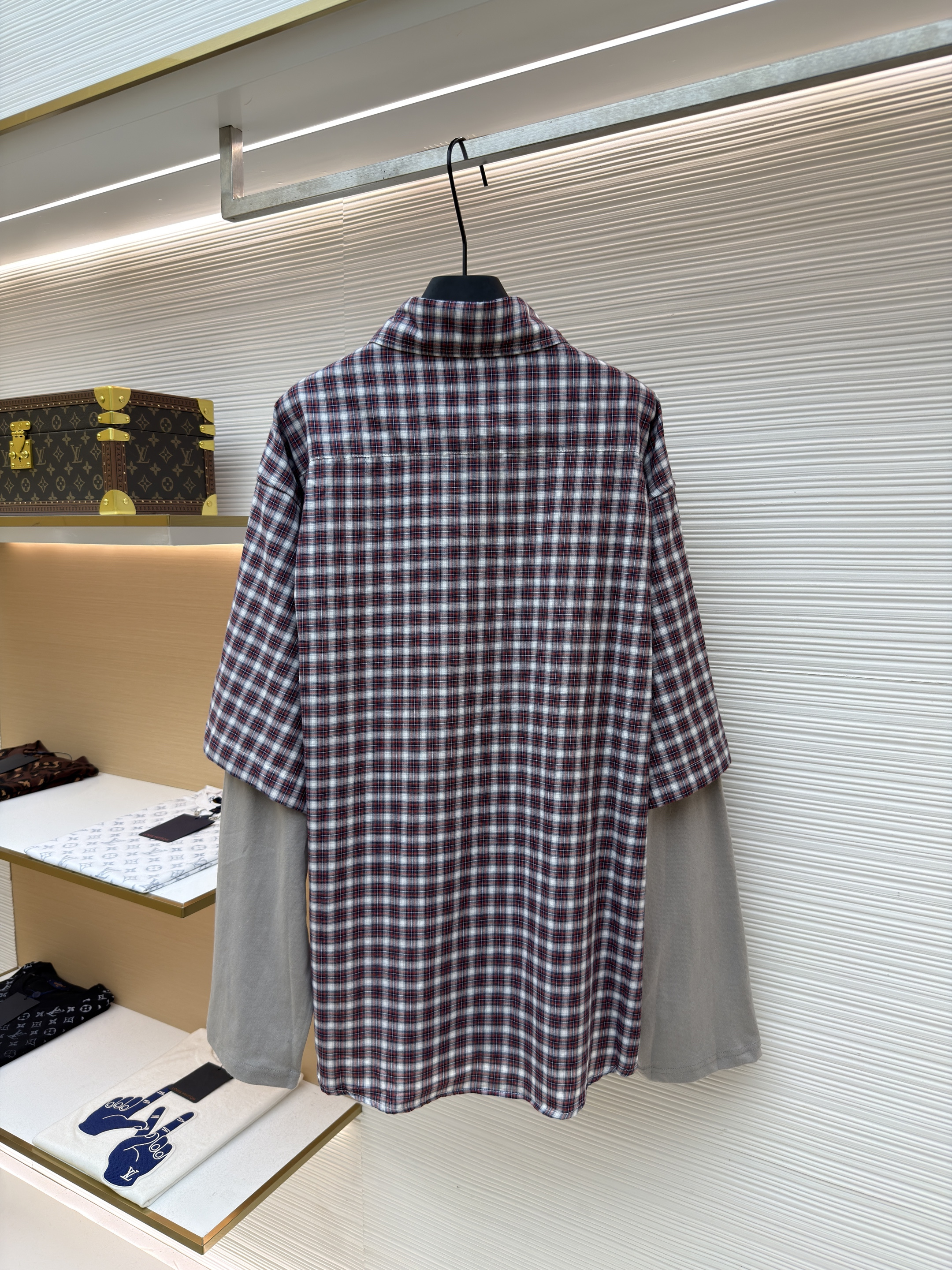 Balenciaga 巴黎世家 红灰格子假两件双层袖衬衫 长袖 外套 红色 B0