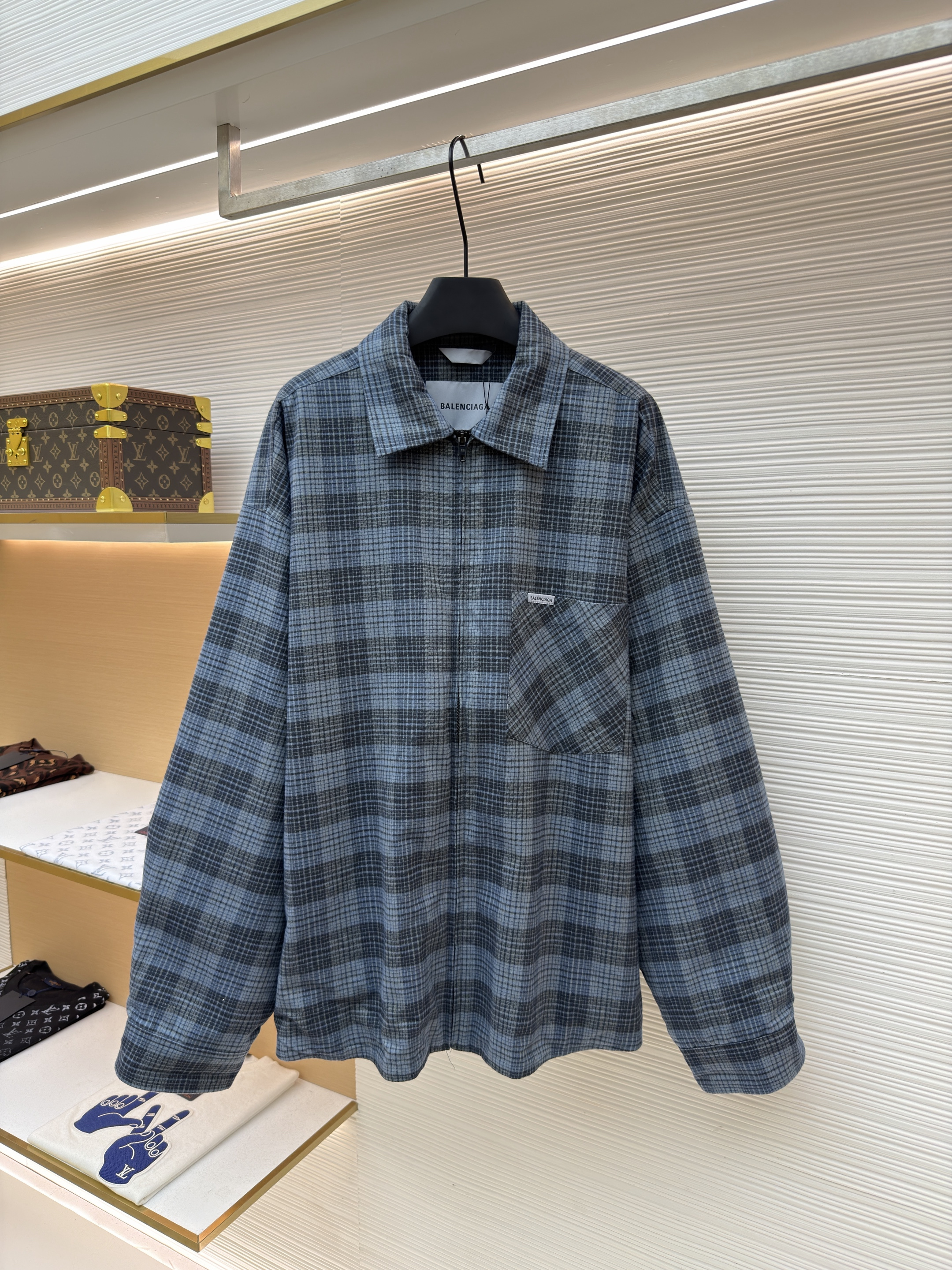 Balenciaga 巴黎世家 蓝灰格纹拉链夹棉衬衫外套 夹克 长袖 秋冬 蓝色 C0